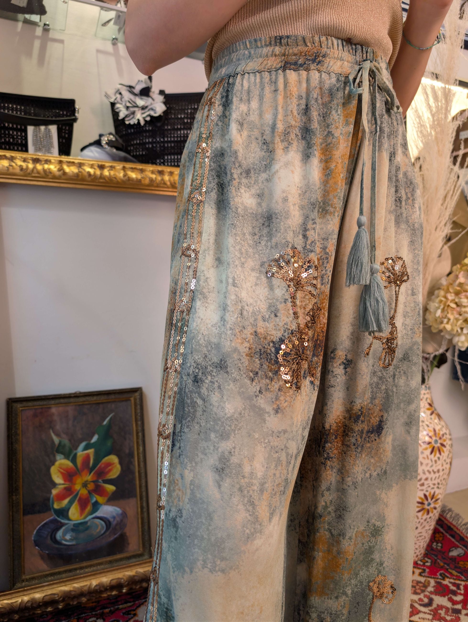 Panta palazzo stampa astratta con ricami manuali in paillettes - DIXIE