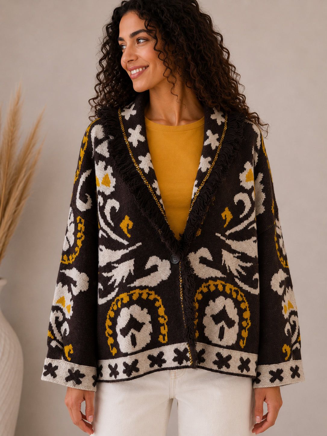 Cardigan jacquard sfrangiato con collo sciallato - VICOLO