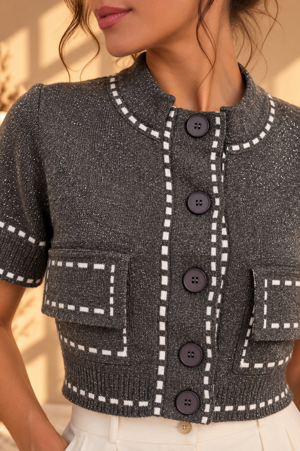 Giacchino cropped in maglia con lurex e impunture - LE SARTE DEL SOLE