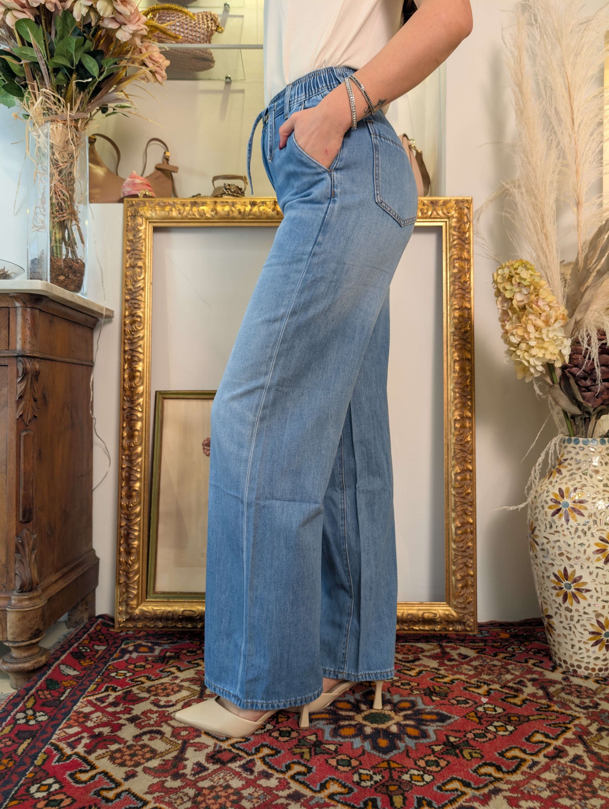 Panta jogging gamba palazzo in light denim - GL for Her