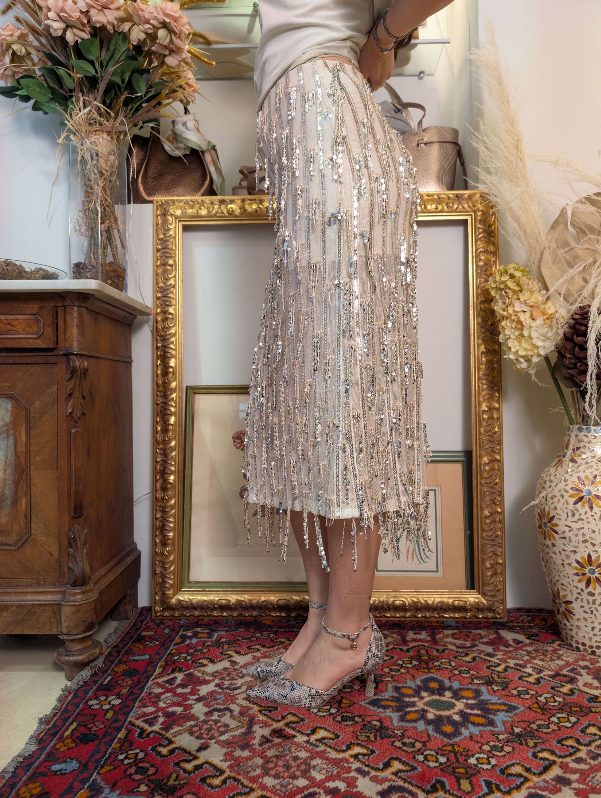 Gonna in tulle ricamato con paillettes e frange - HAVE ONE
