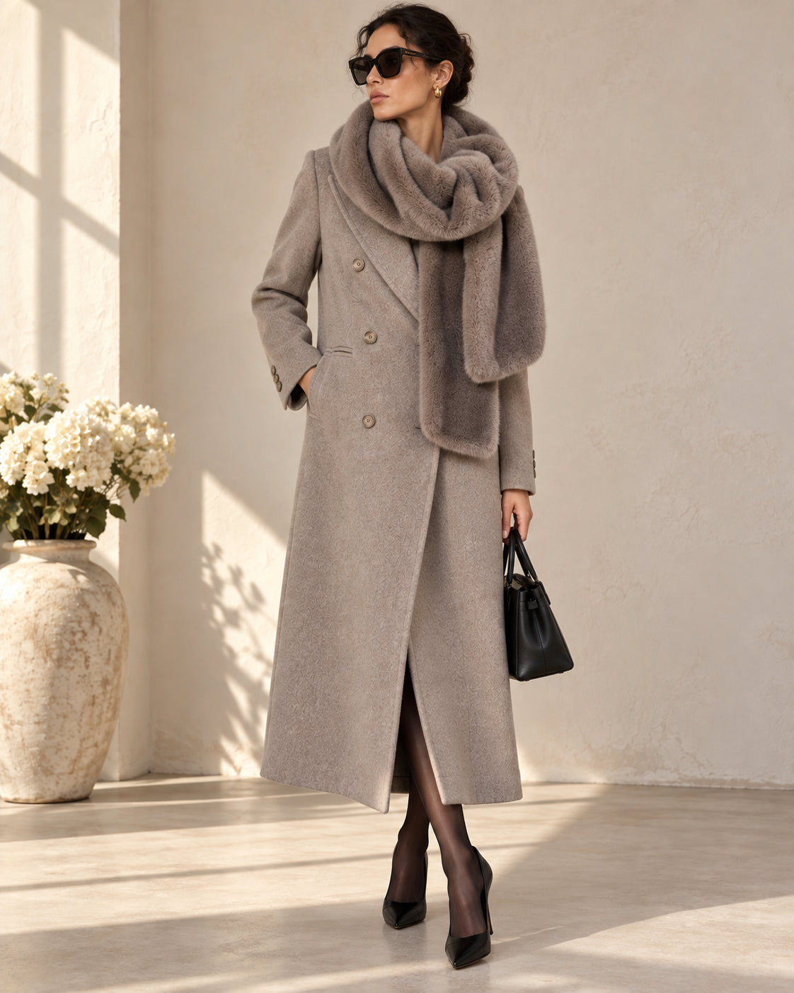 Cappotto Sartoriale Doppiopetto con Collo Faux Fur Staccabile - HAVE ONE