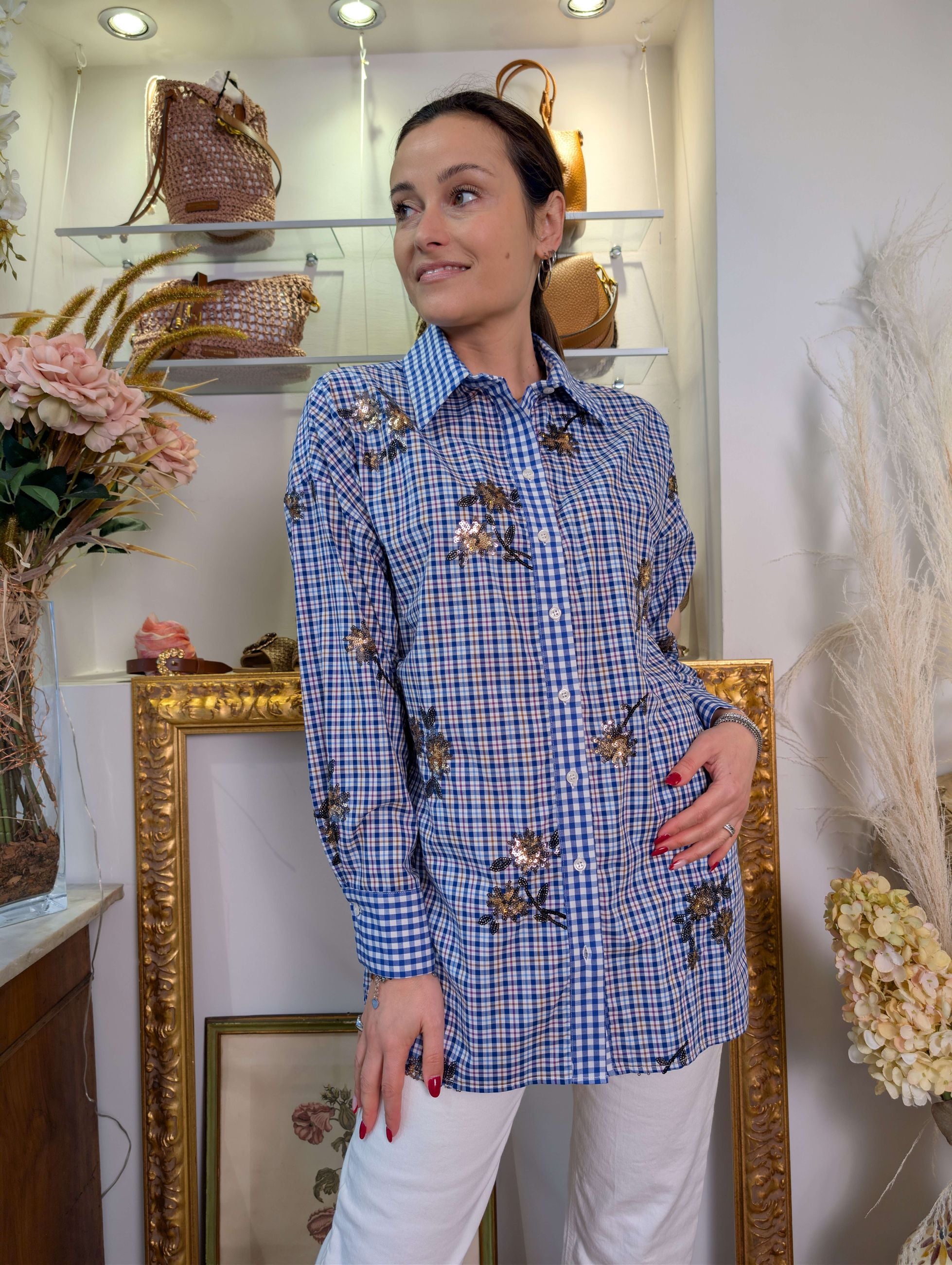 Camicia lunga a quadretti multicolor con ricami in paillettes - DIXIE