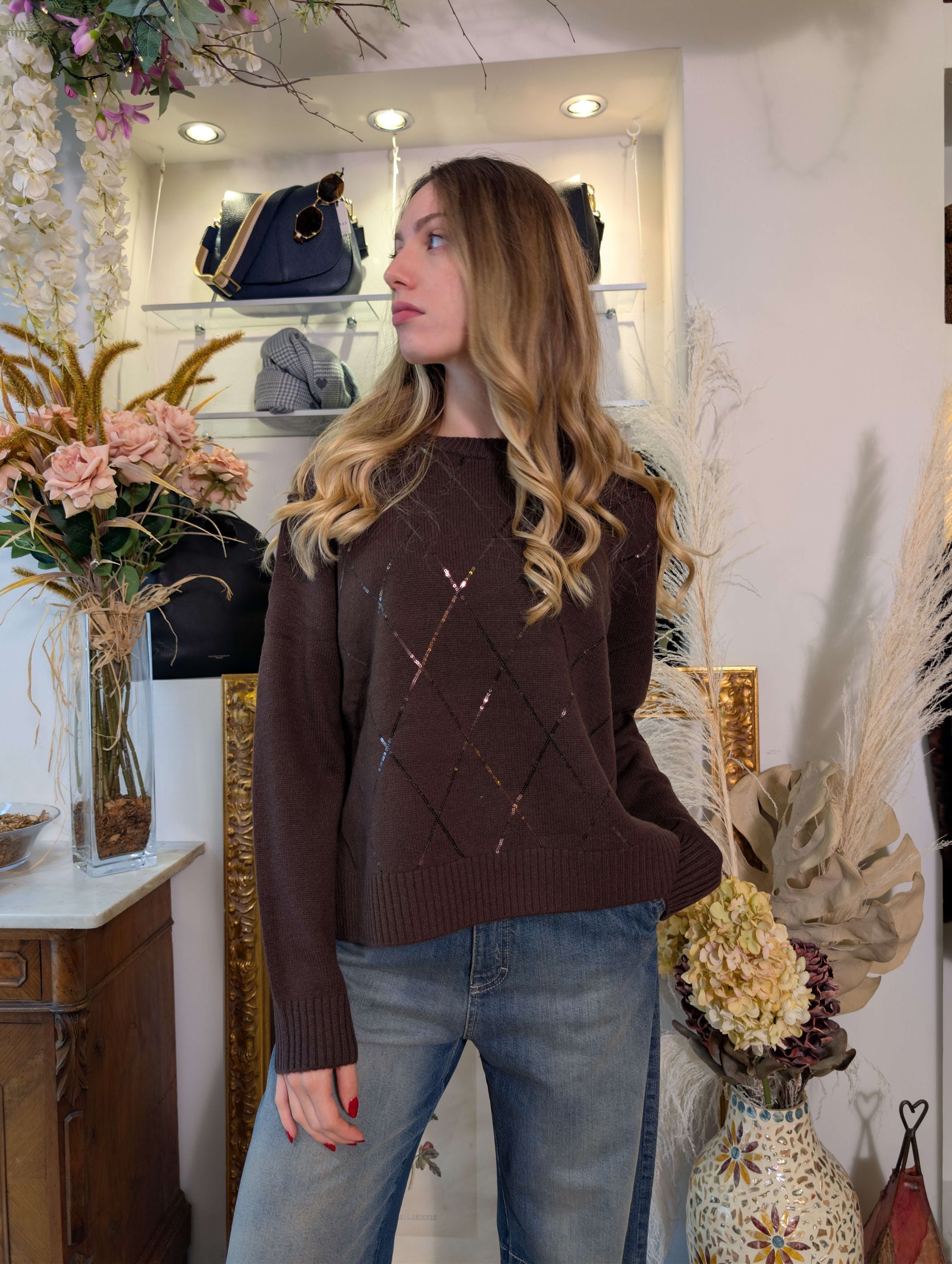 Maglia in pura lana con rombi di micropaillettes - SHE_FLORENCE_LAB