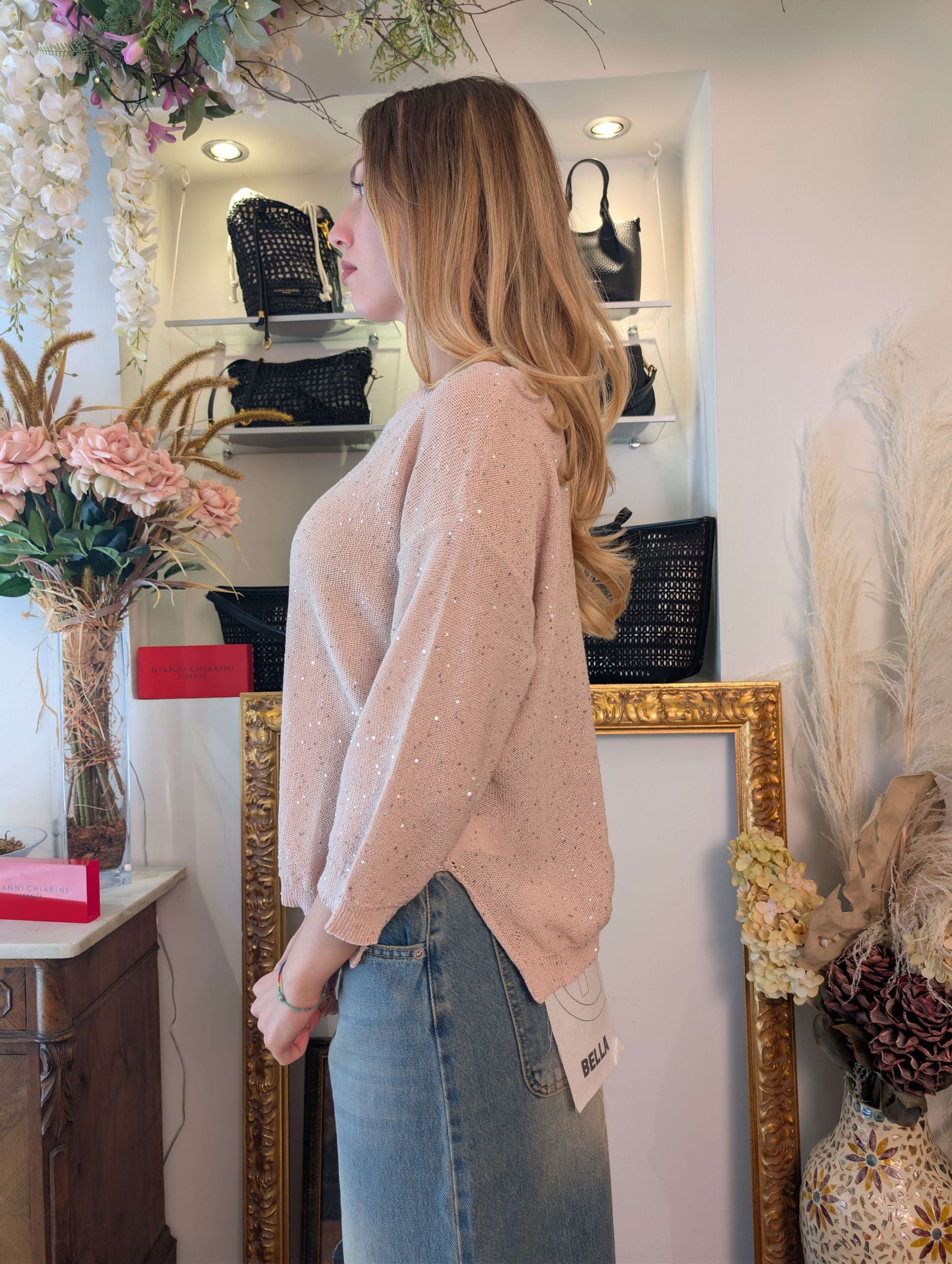 Maglia scollo barchetta con micropaillettes - SHE_FLORENCE_LAB