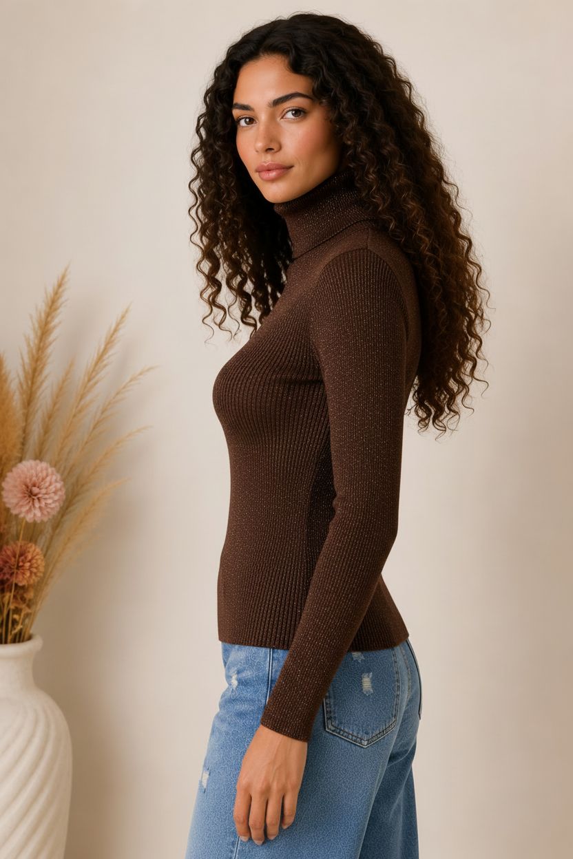 Maglia collo alto basica in costina con lurex - LE SARTE DEL SOLE