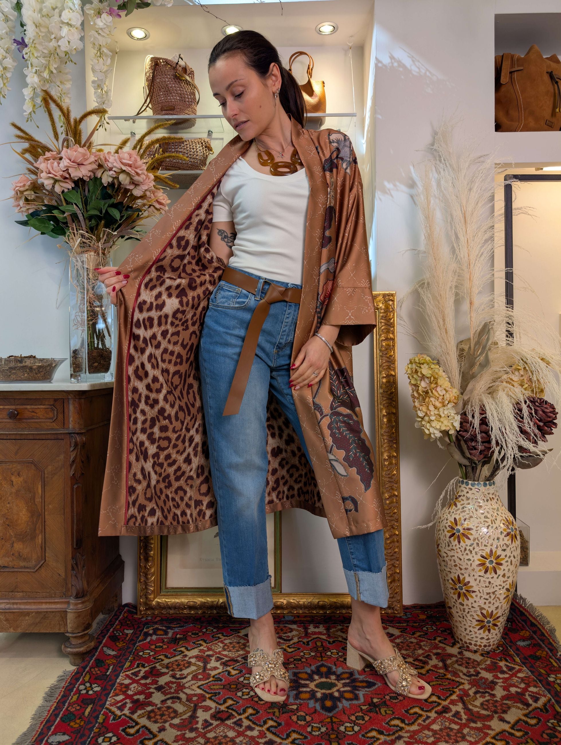 Spolverino in raso floreale con interno maculato - DIXIE