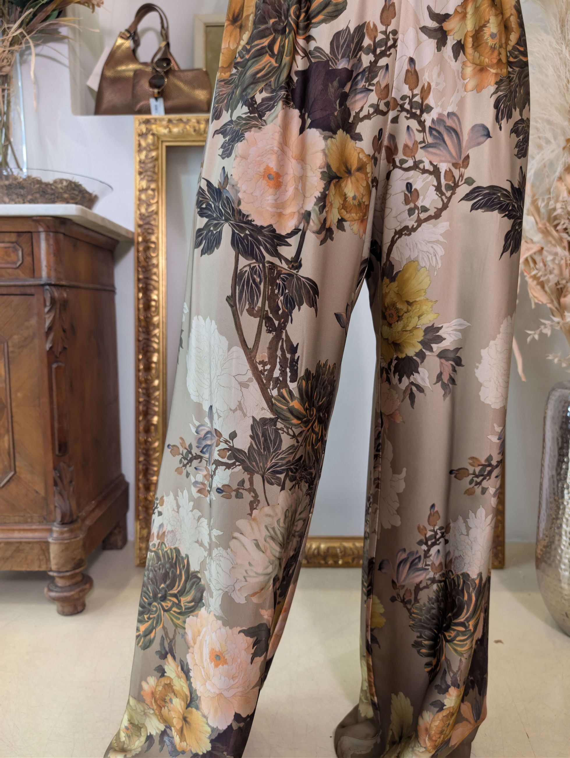 Panta palazzo in raso di viscosa Rust Bloom - IMPERIAL