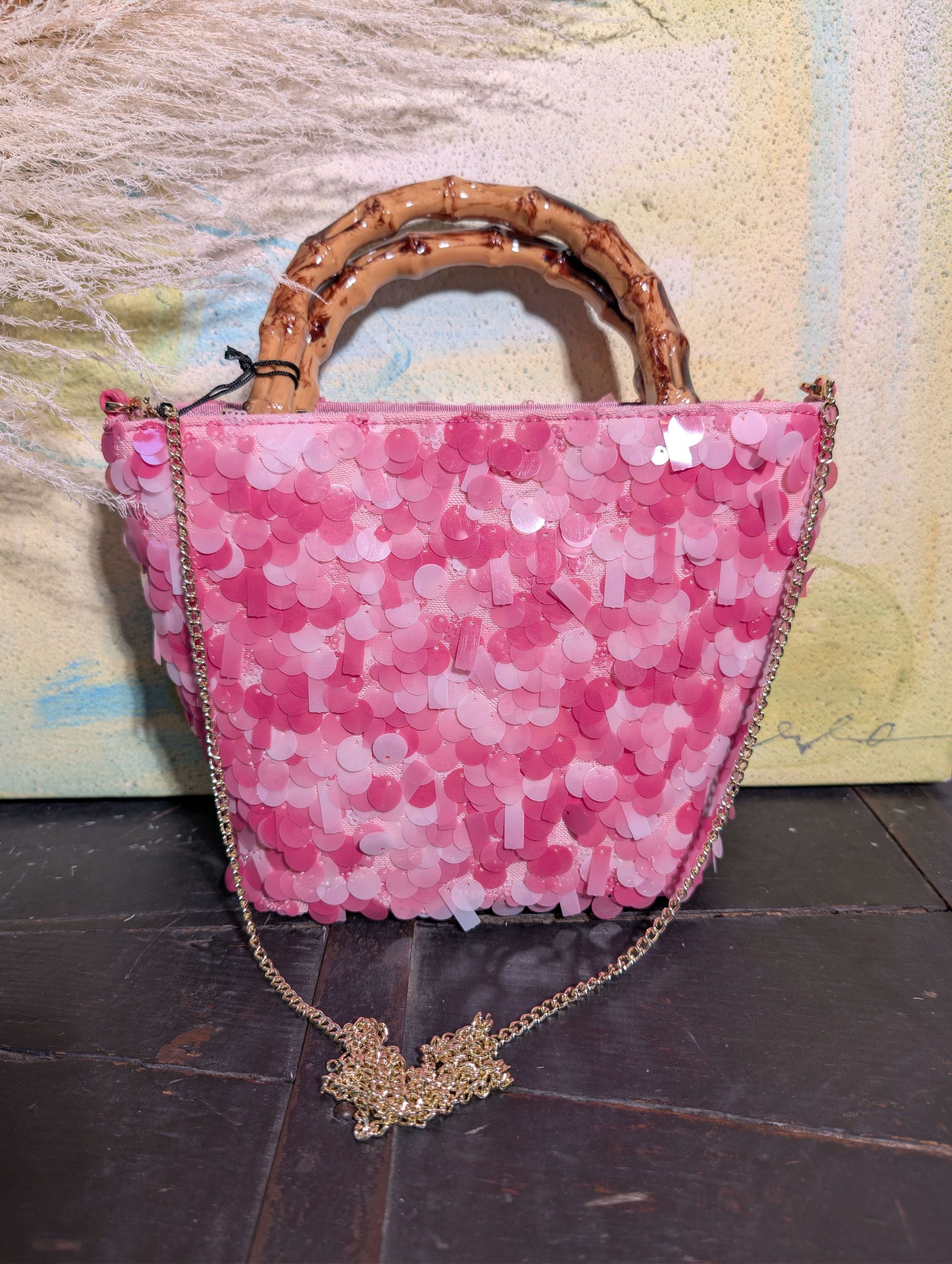 BORSA NIZZA MANICO BAMBOO PAILLETTES ROSA - NALI'