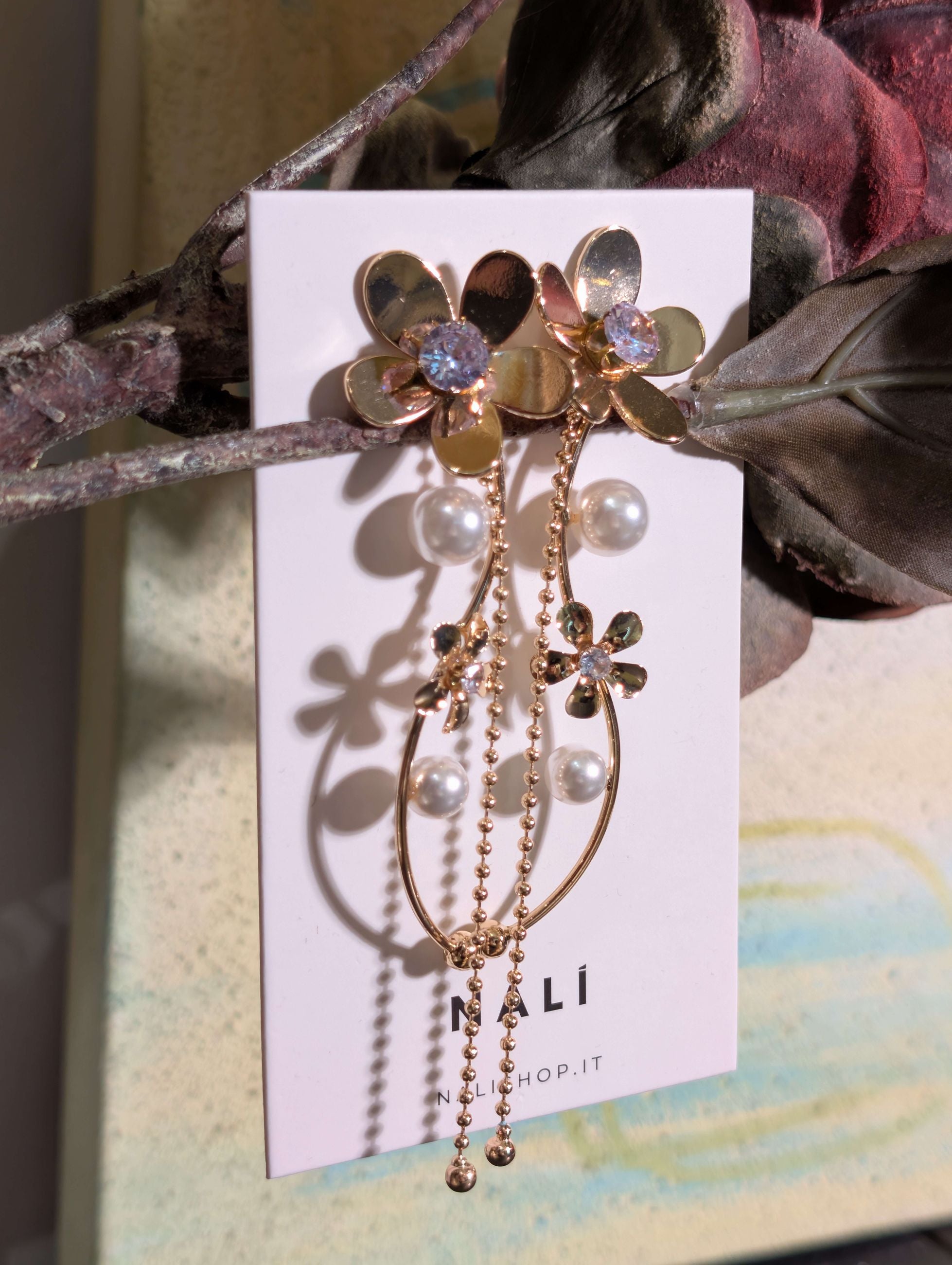 ORECCHINI PENDENTI FLOWERS CON PIETRE ORO - NALI'