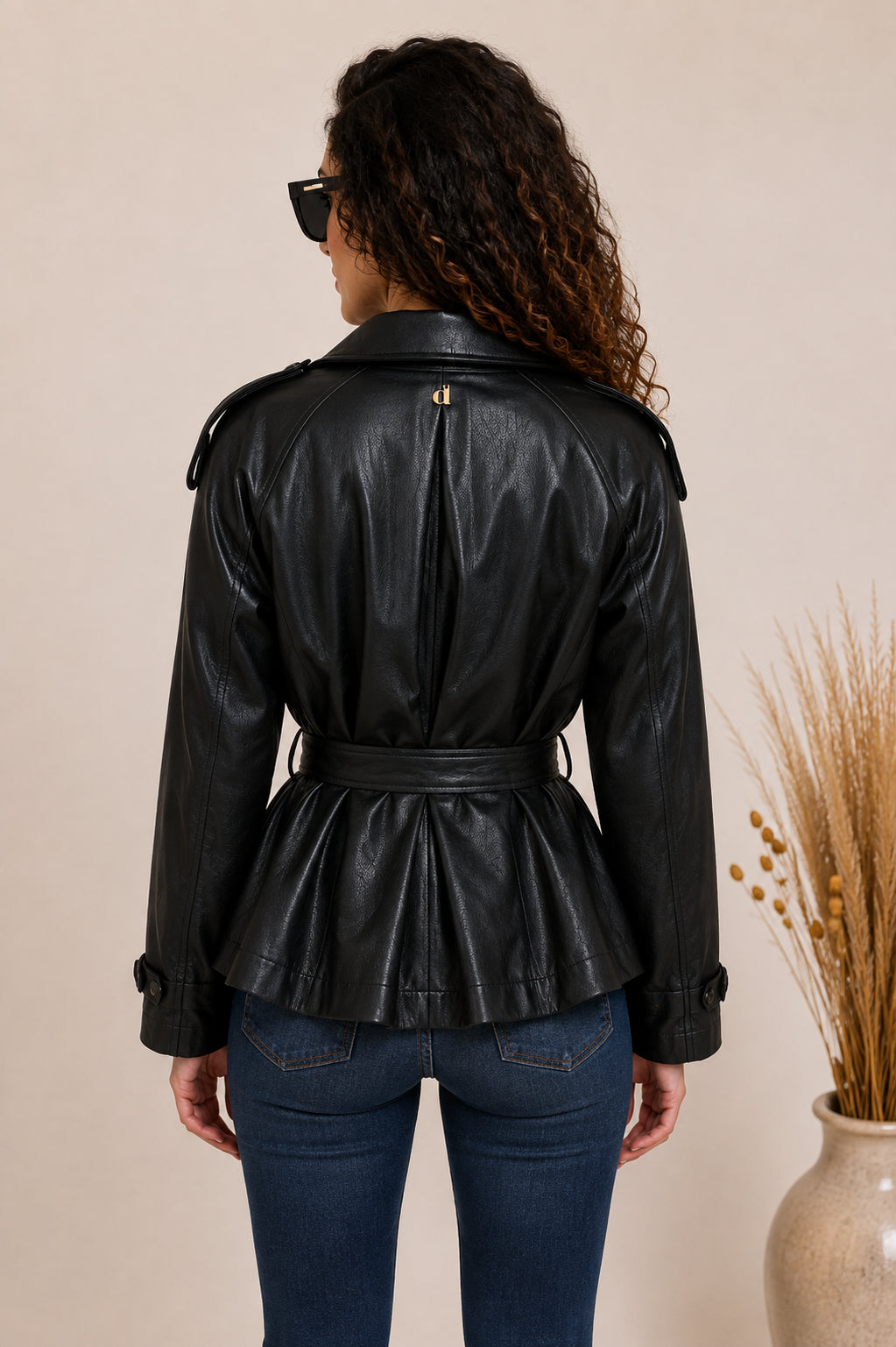 Giacca Trench in Pelle Sintetica Nera con Cintura - DIXIE
