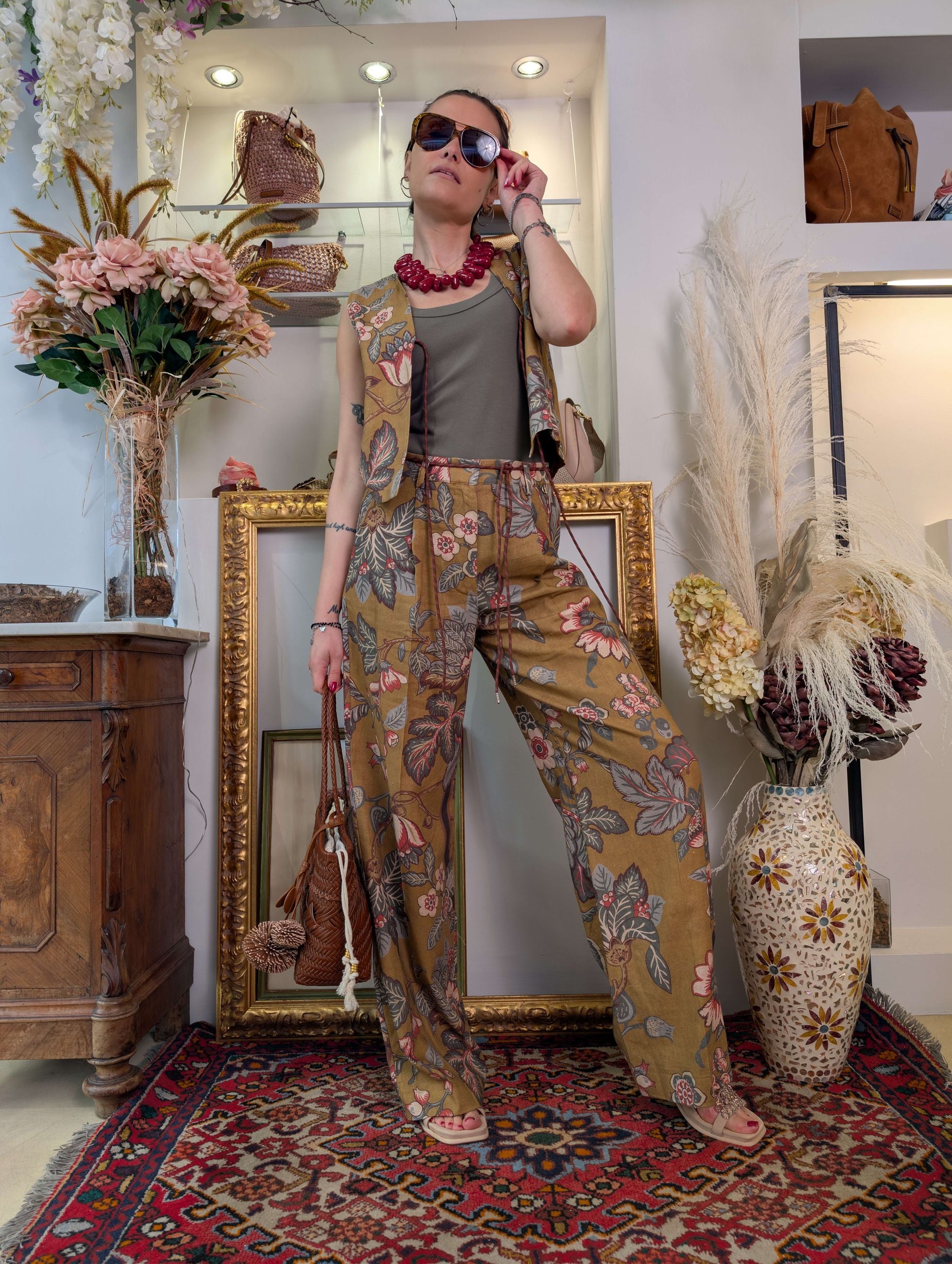 pantaloni floreali in tela di lino e viscosa - DIXIE