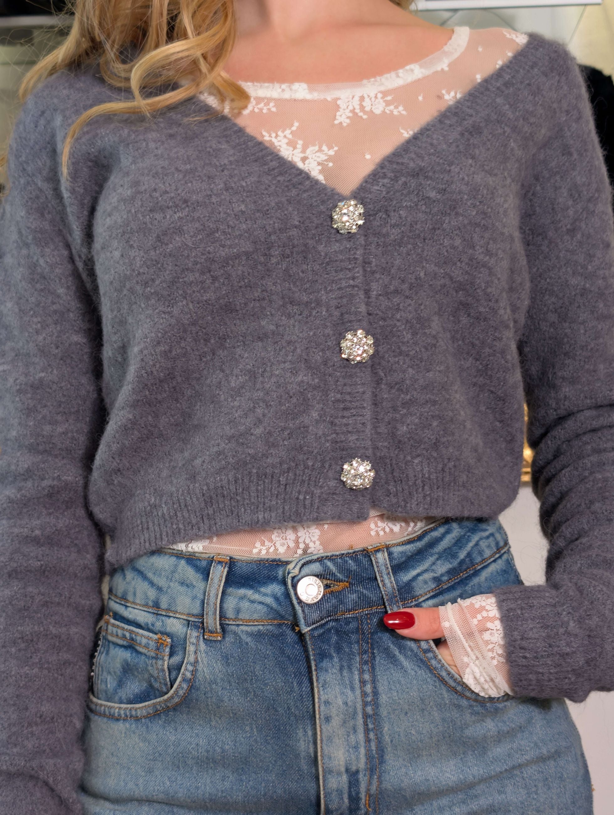 Cardigan cropped in alpaca con bottoni gioiello - SHE_FLORENCE_LAB