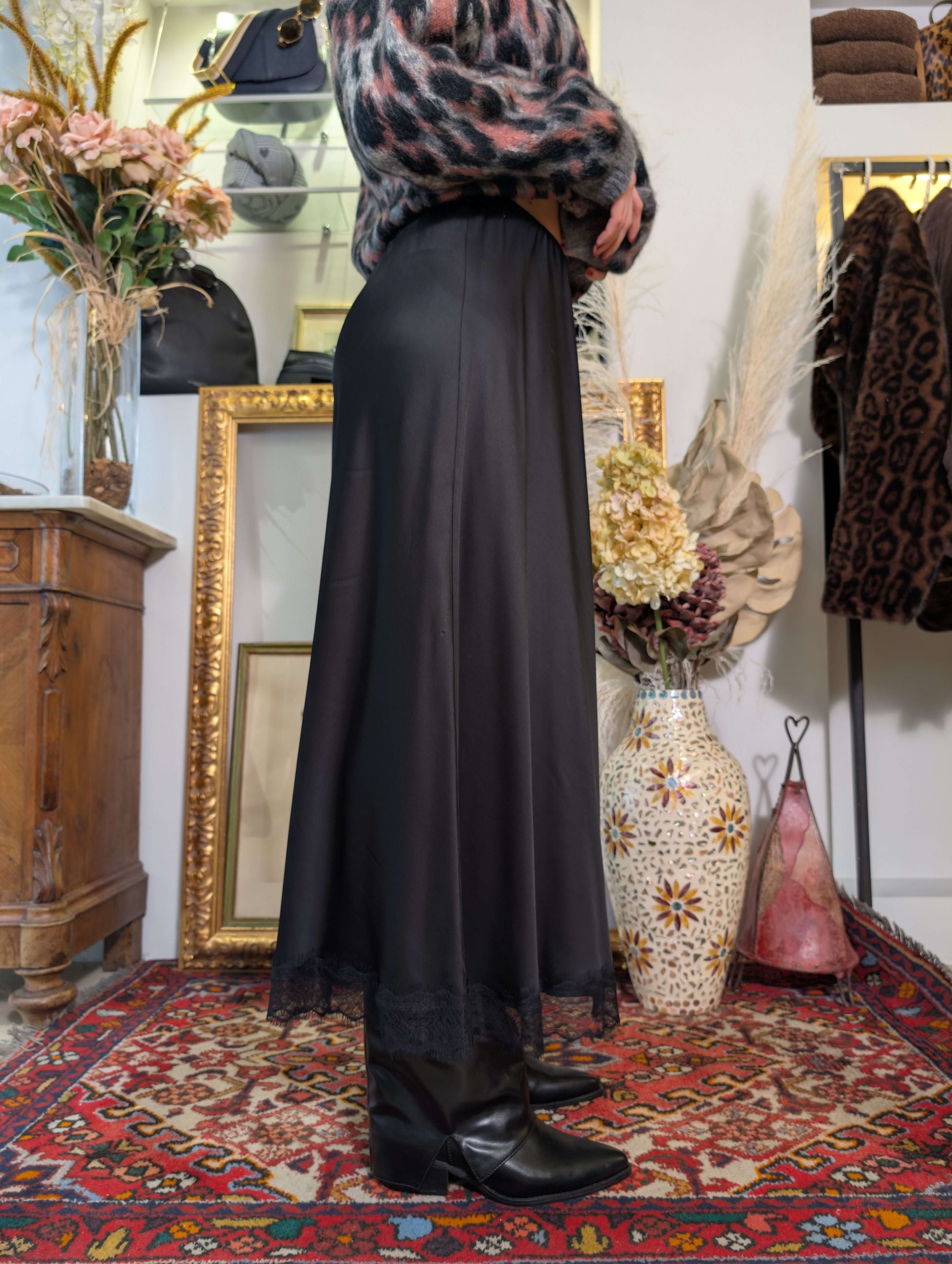 Gonna longuette in raso di viscosa con pizzo - SHE_FLORENCE_LAB