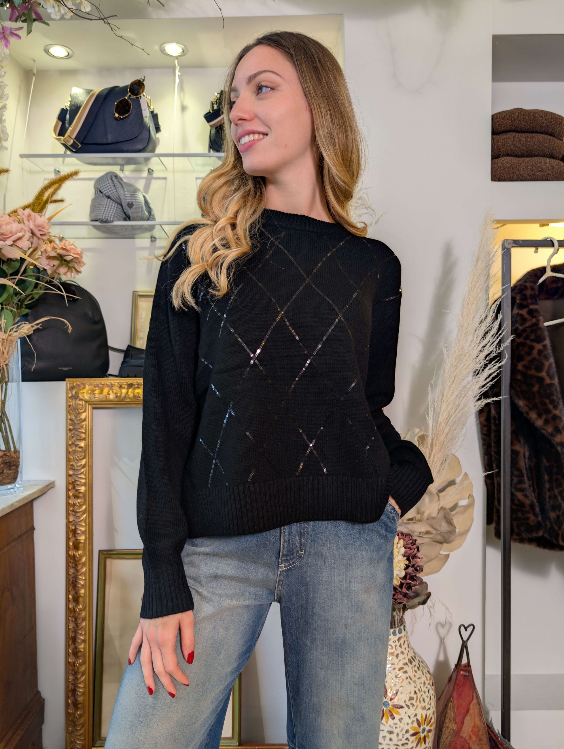 Maglia in pura lana con rombi di micropaillettes - SHE_FLORENCE_LAB
