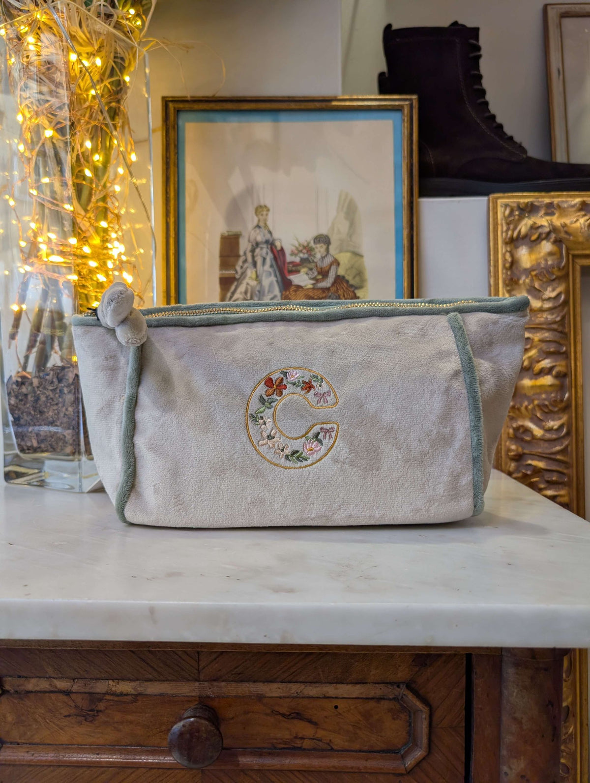 POUCH EMBROIDERY LETTERA C GRIGIO/VERDE - NALI'