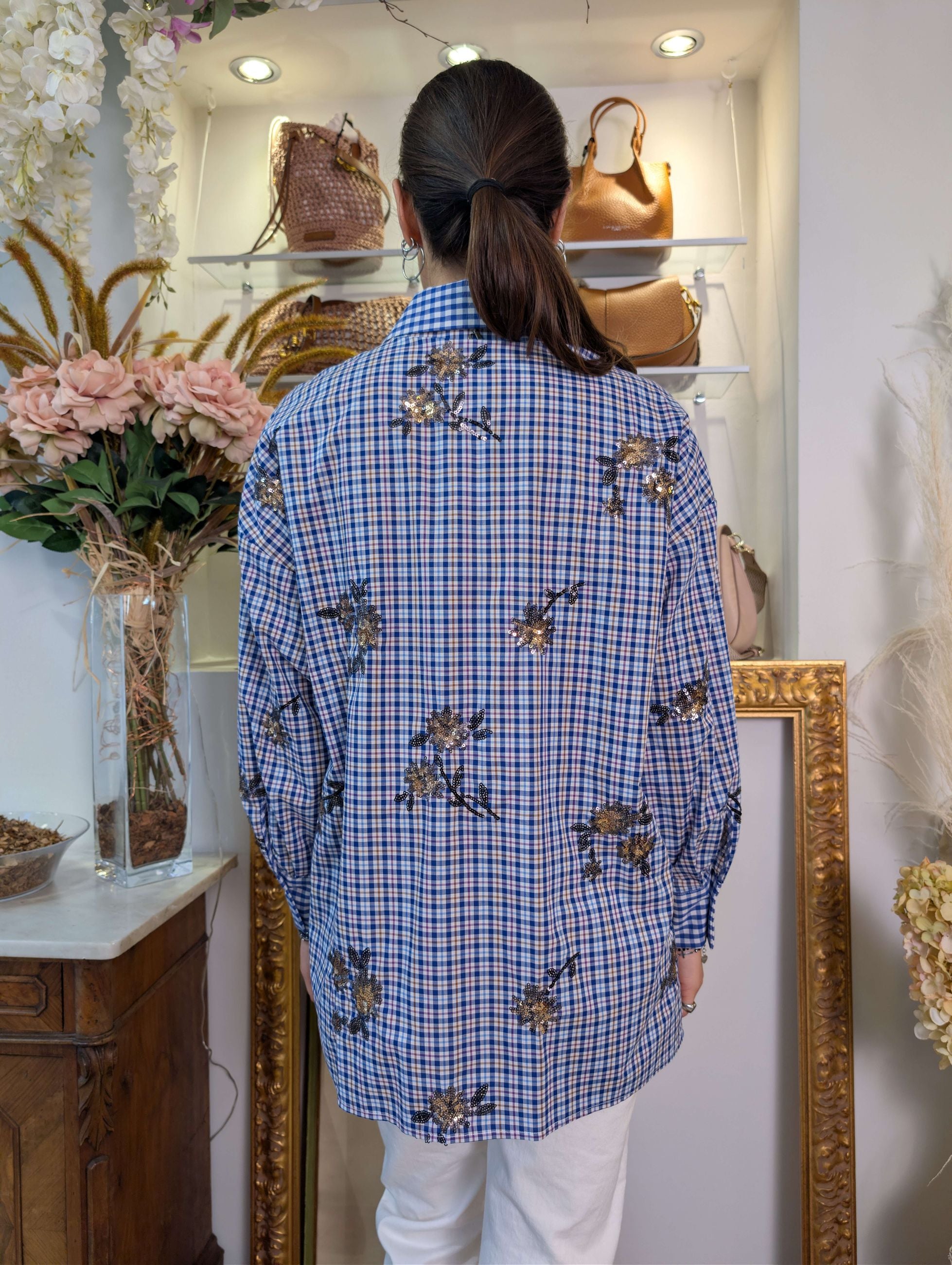 Camicia lunga a quadretti multicolor con ricami in paillettes - DIXIE