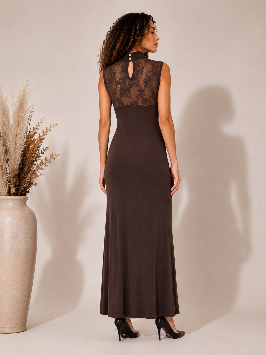 Abito lungo drappeggiato con inserto in pizzo - SHE_FLORENCE_LAB