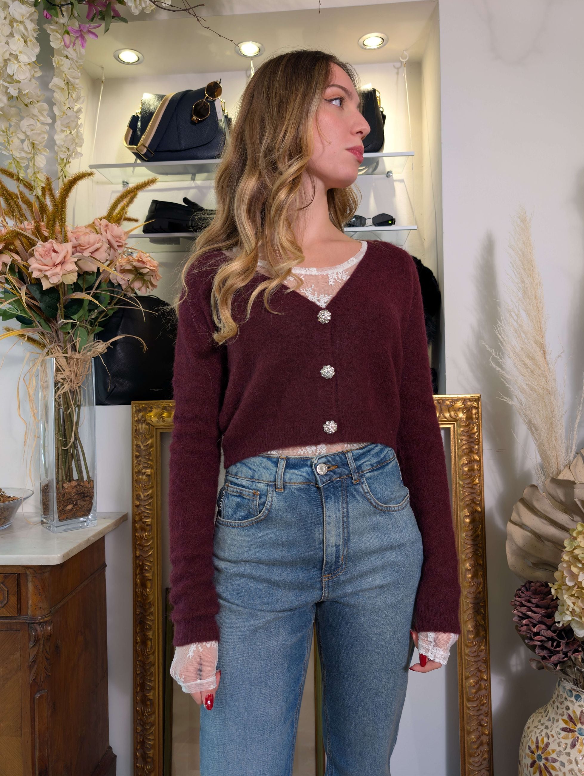 Cardigan cropped in alpaca con bottoni gioiello - SHE_FLORENCE_LAB