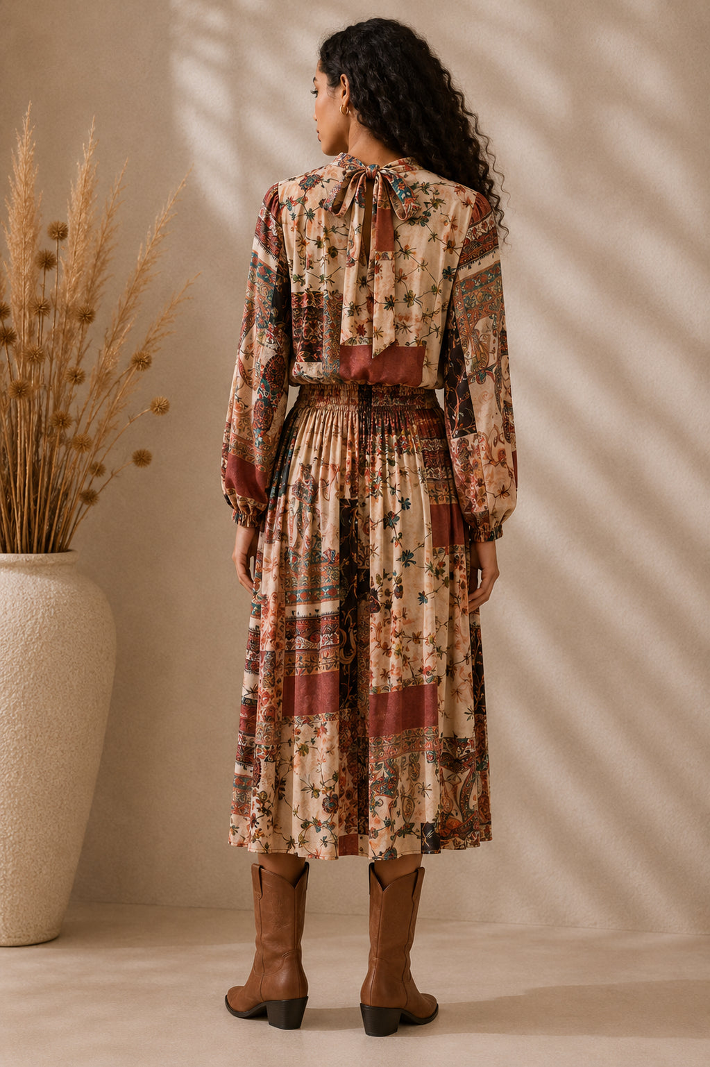 Abito midi fantasia patchwork con vita elasticizzata - SHE_FLORENCE_LAB