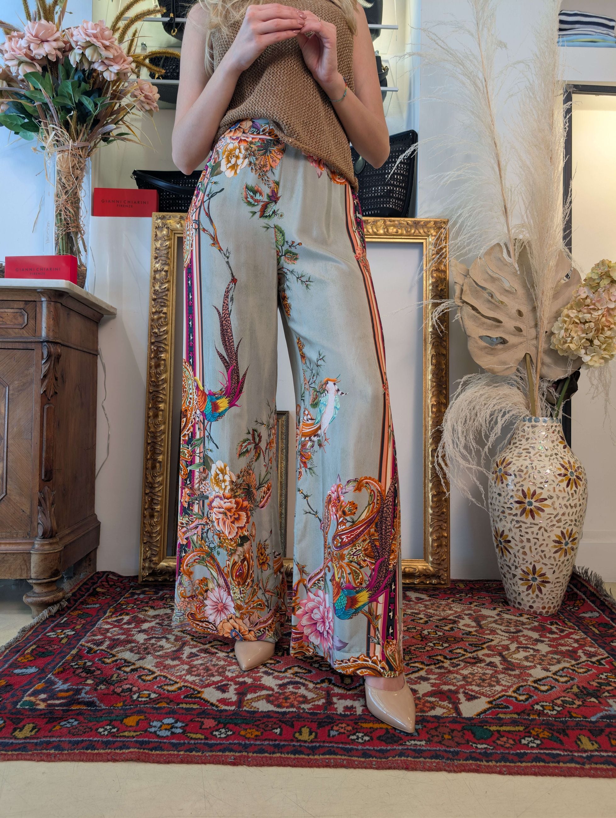 Panta palazzo in raso di viscosa fantasia flowers - DIXIE