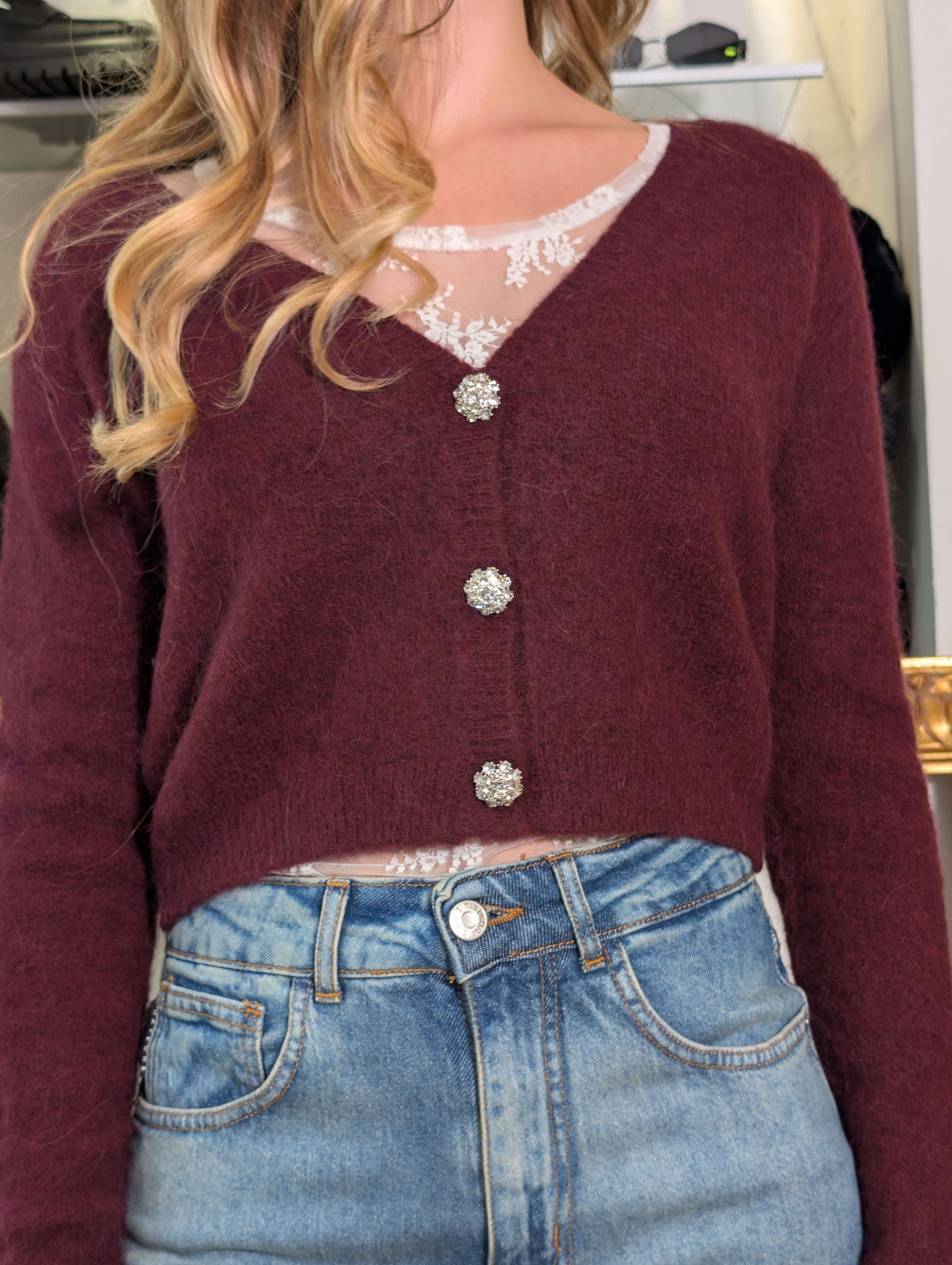 Cardigan cropped in alpaca con bottoni gioiello - SHE_FLORENCE_LAB