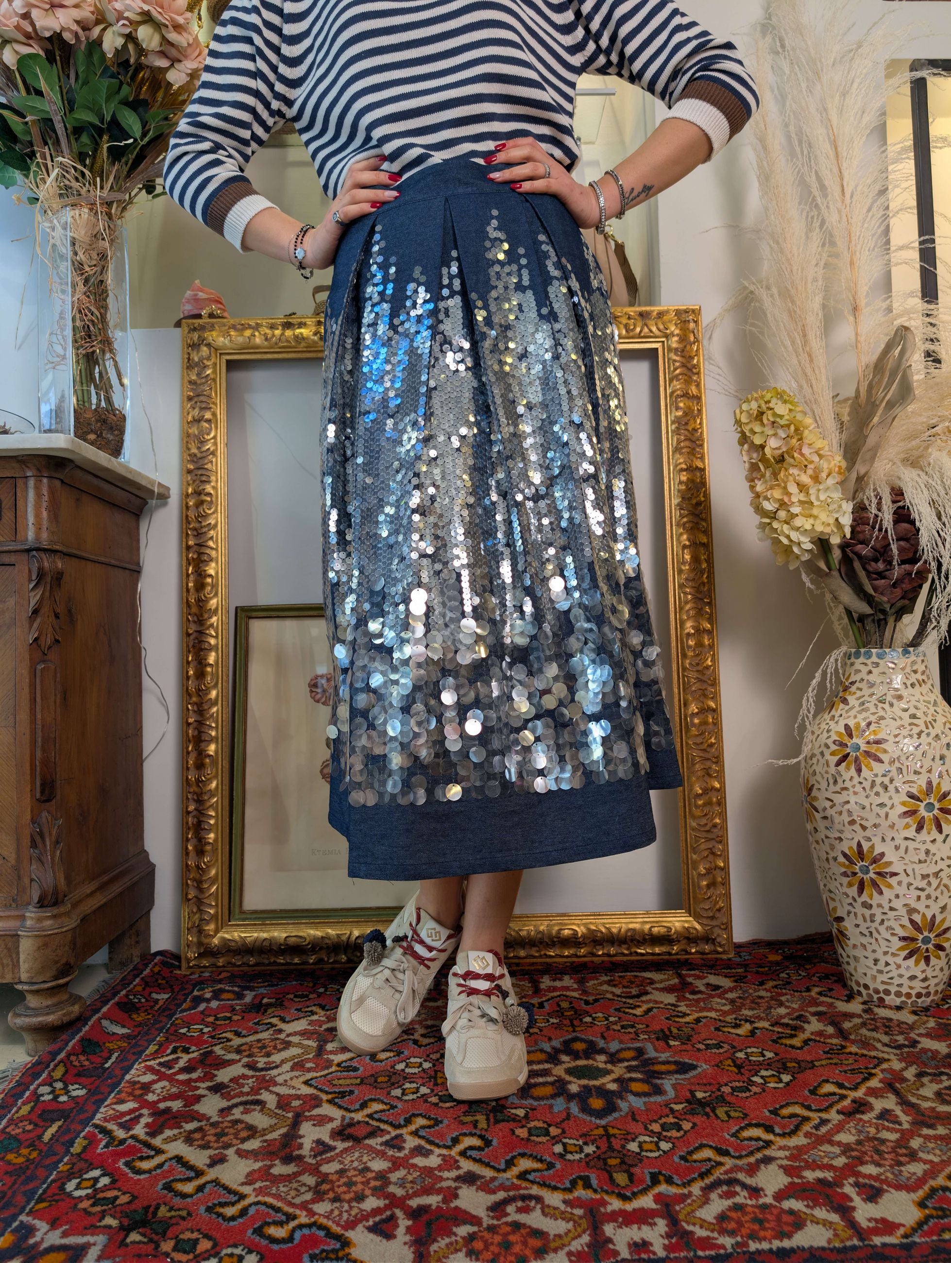 Gonna denim couture con paillettes ricamate - DIXIE