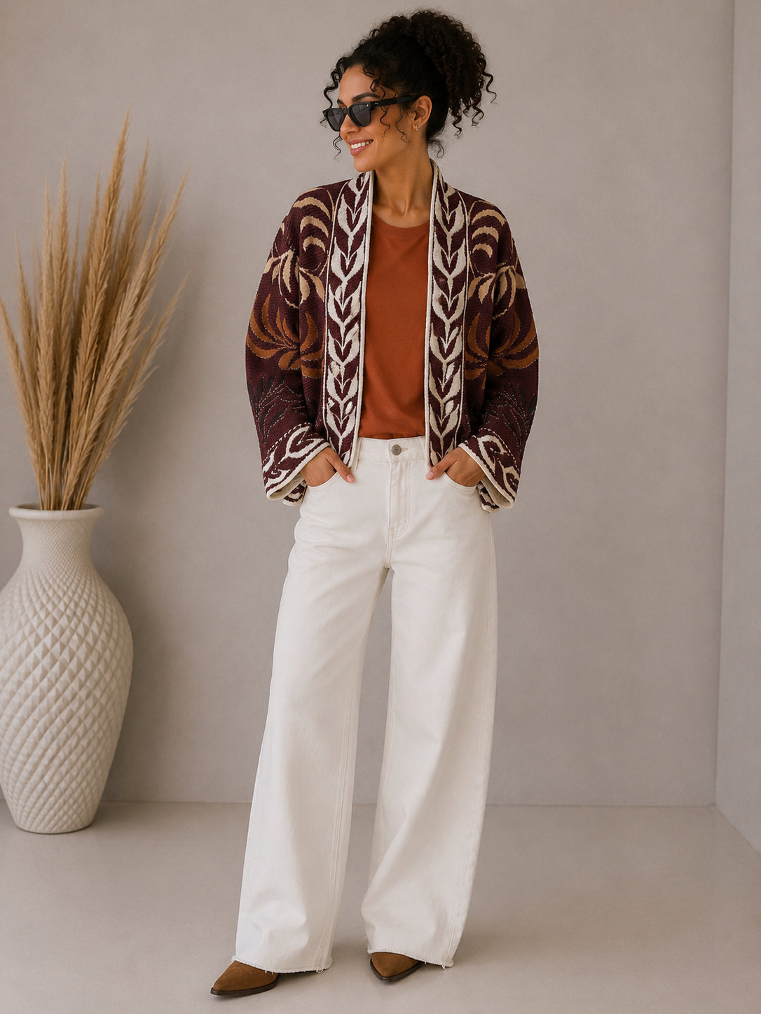 Cardigan jacquard fantasia foglie - VICOLO
