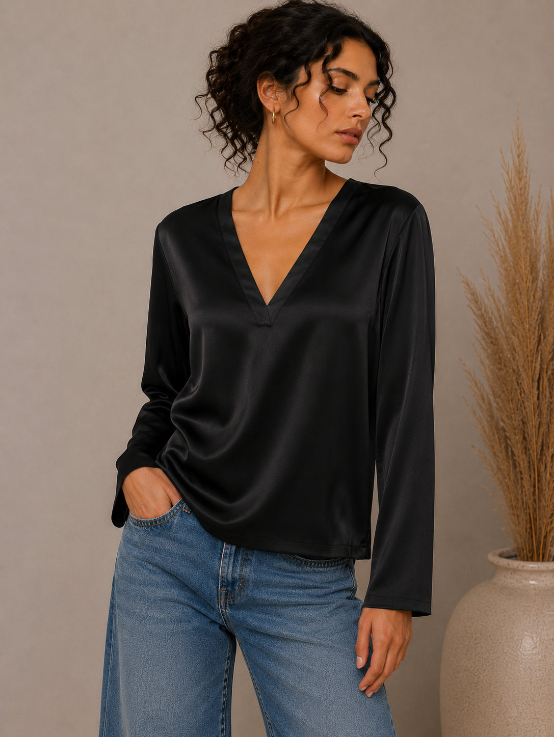 Satin V-Neck Blouse - SHE_FLORENCE_LAB