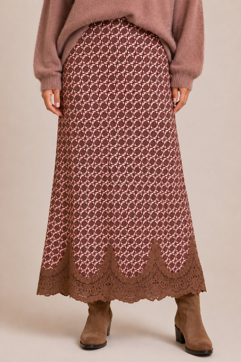 Gonna longuette in raso fantasia con pizzo – Rosa & Cioccolato - DIXIE