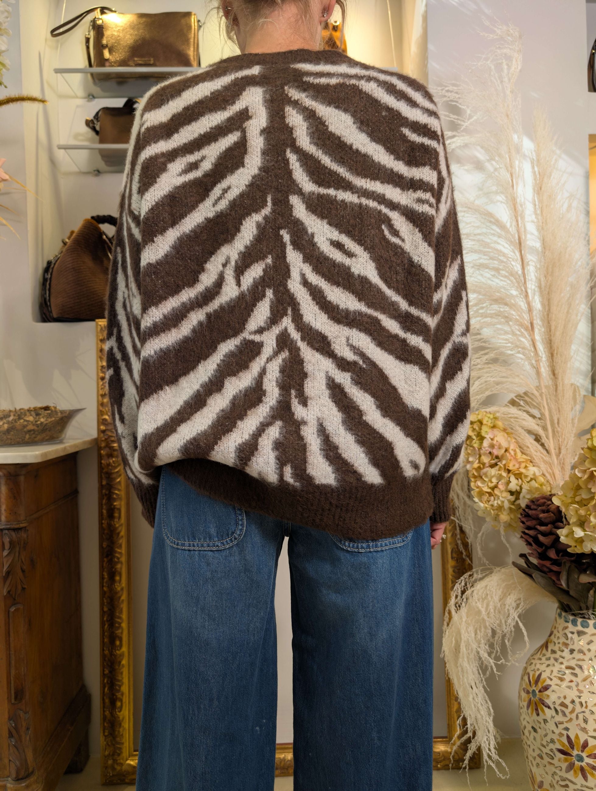 Maglia jacquard zebra marrone su fondo panna - HAVE ONE