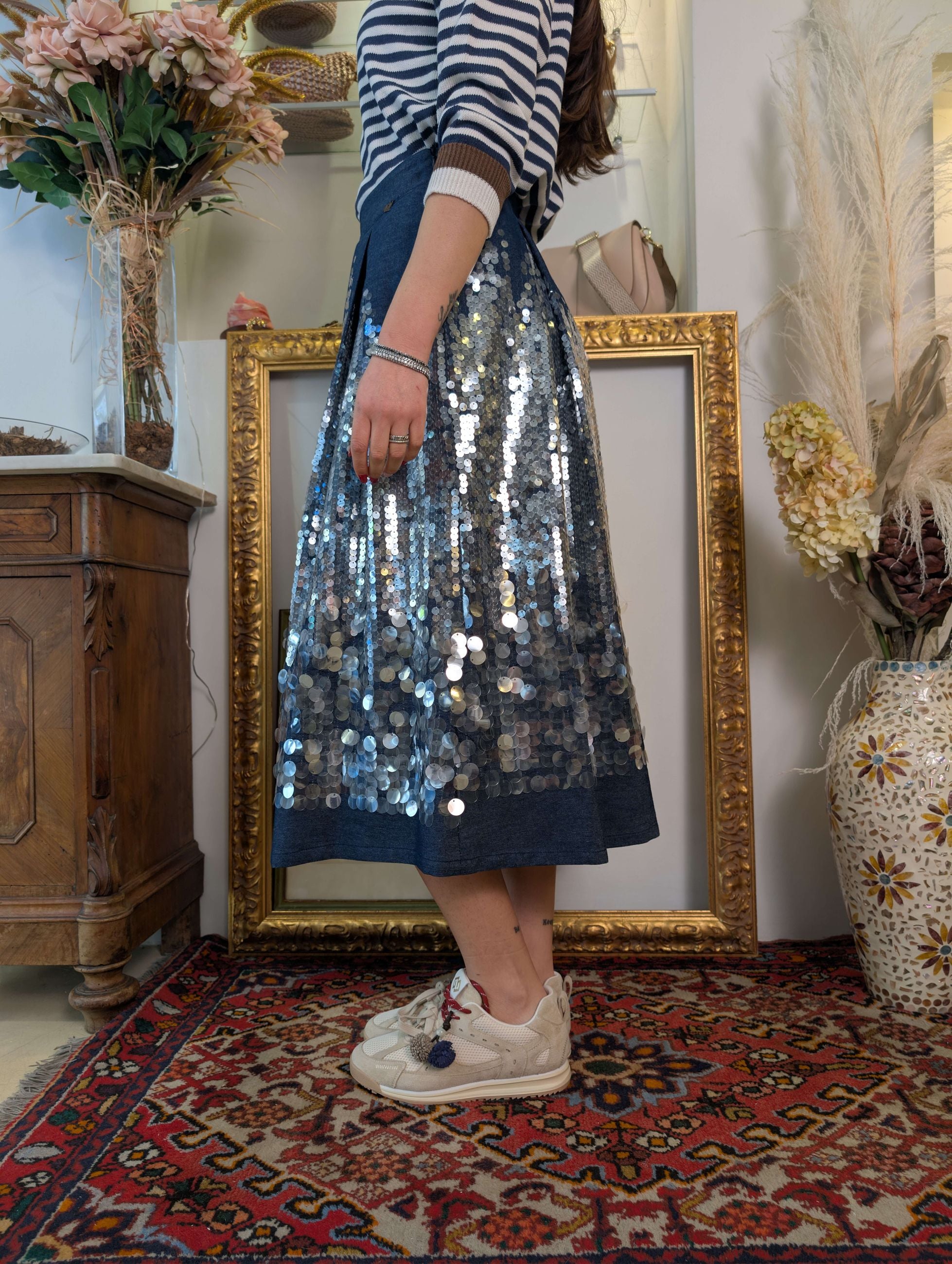 Gonna denim couture con paillettes ricamate - DIXIE