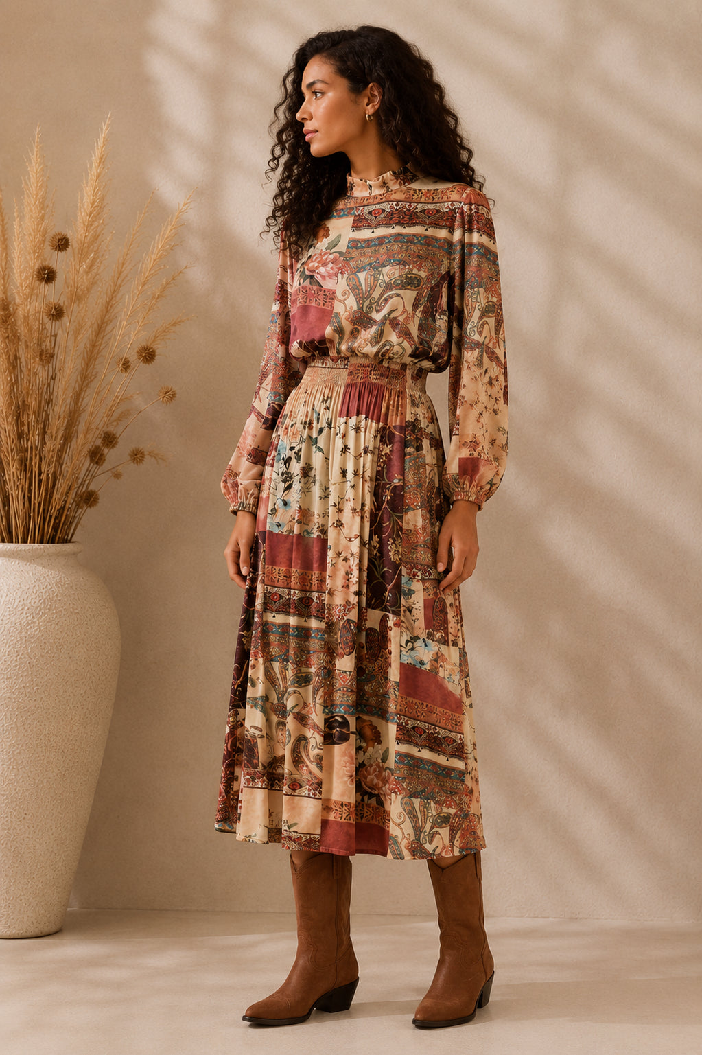 Abito midi fantasia patchwork con vita elasticizzata - SHE_FLORENCE_LAB