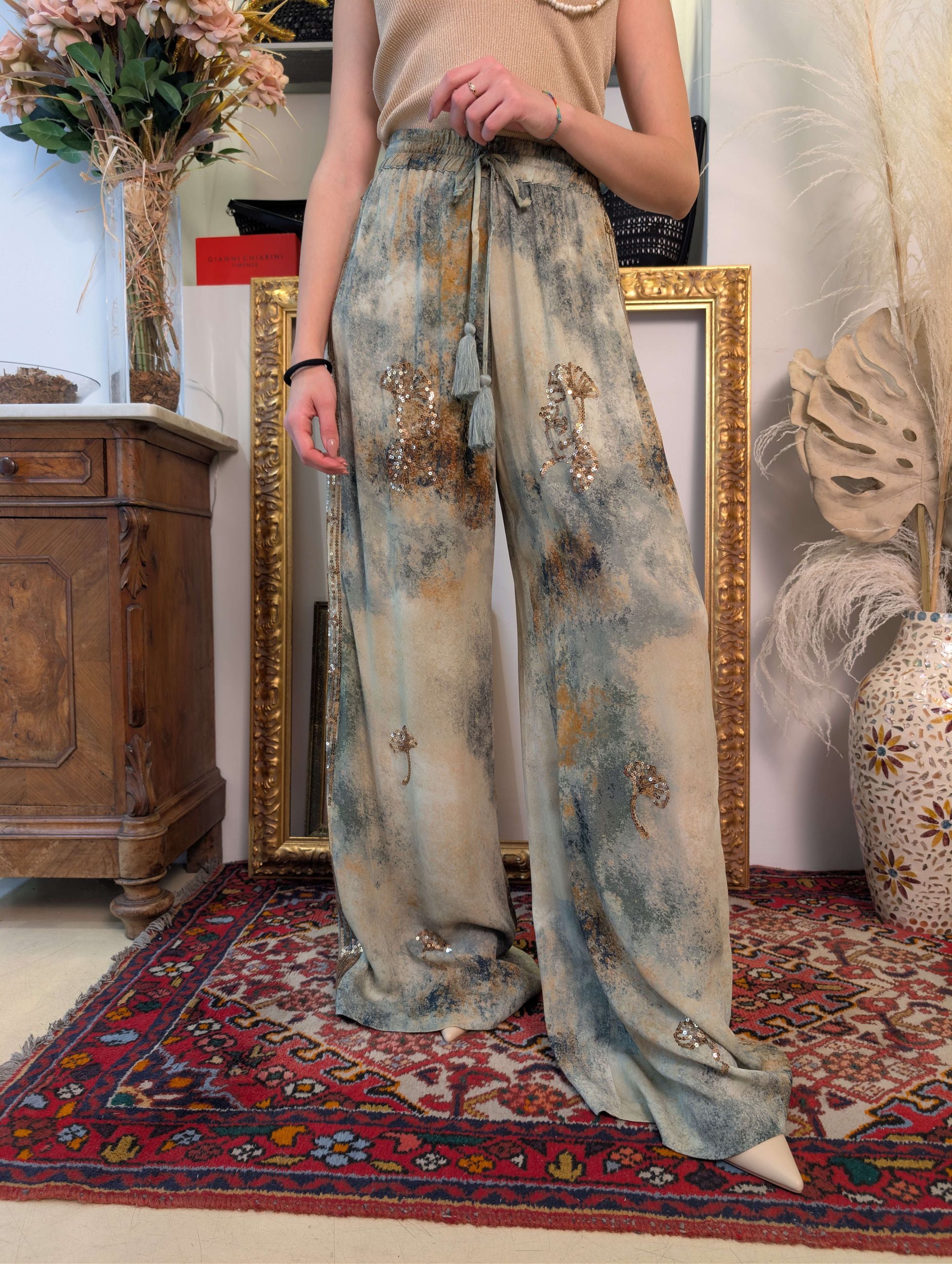 Panta palazzo stampa astratta con ricami manuali in paillettes - DIXIE