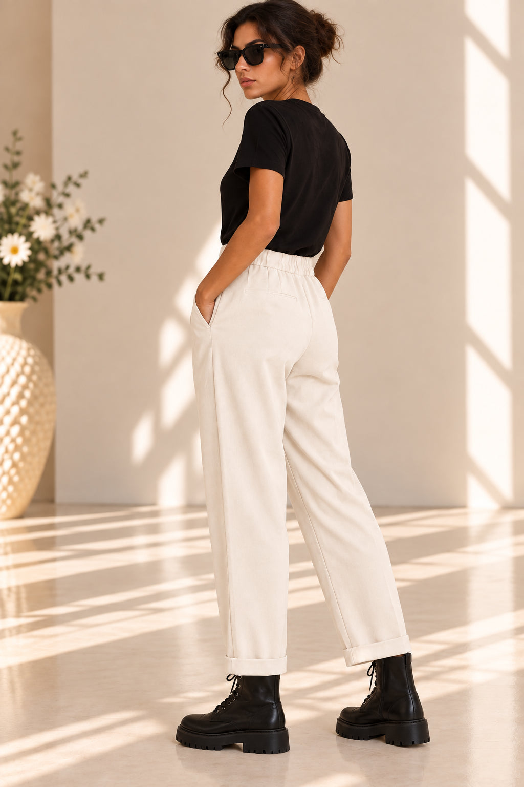 PANTALONE CON PINCES IN TESSUTO DIAGONALE MANO PESCA - PLEASE
