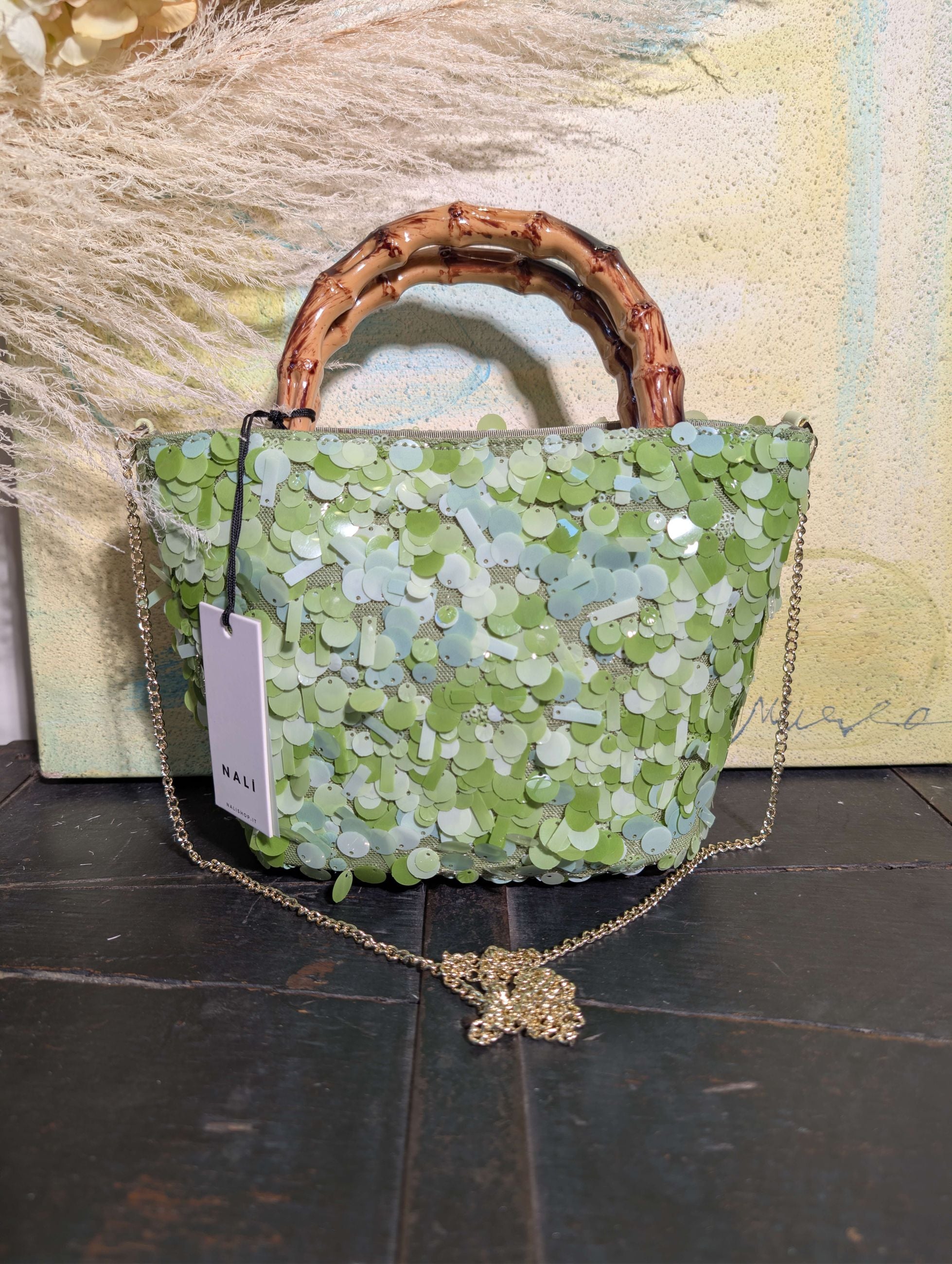 BORSA NIZZA MANICO BAMBOO PAILLETTES VERDE - NALI'