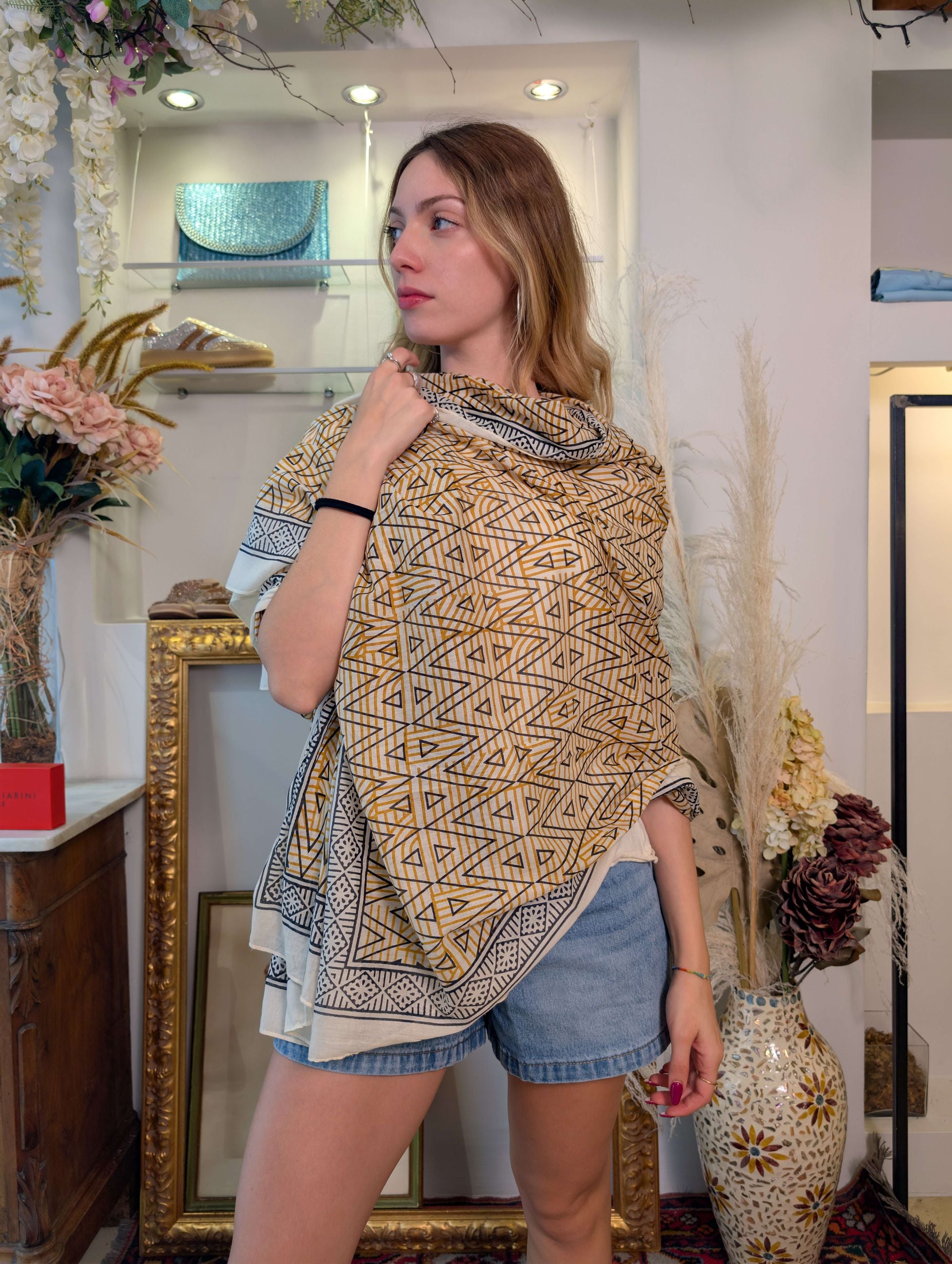 PAREO STAMPA GEOMETRICA IN COTONE BEIGE - NALI'