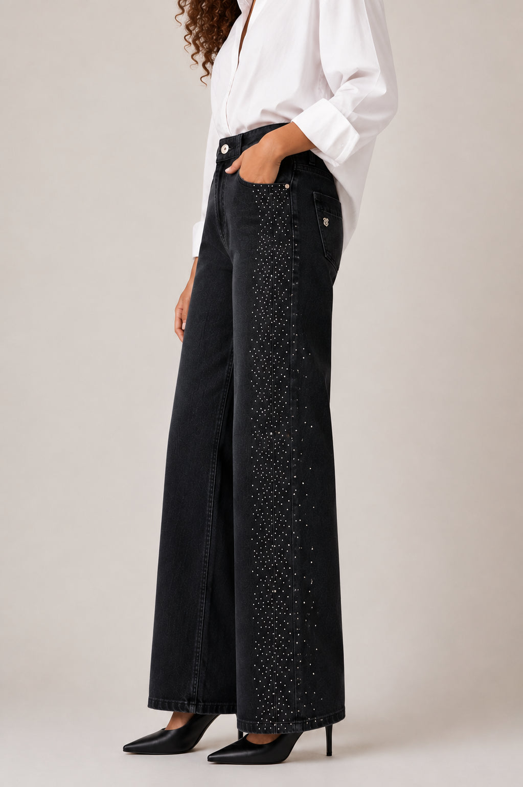 Jeans Wide Leg con Strass Laterali - GL for Her