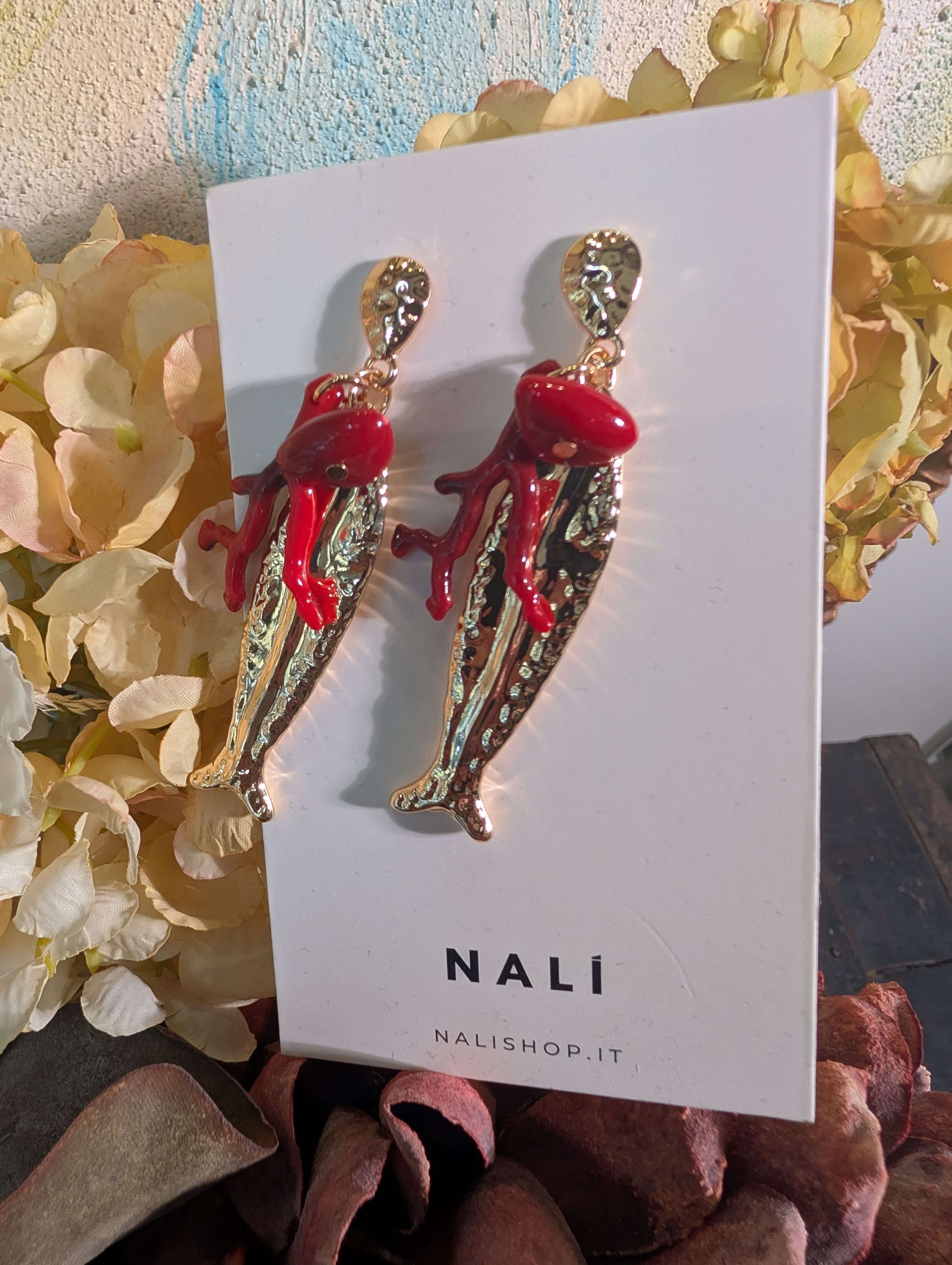 ORECCHINI PENDENTI PESCE+CORALLO ROSSO - NALI'
