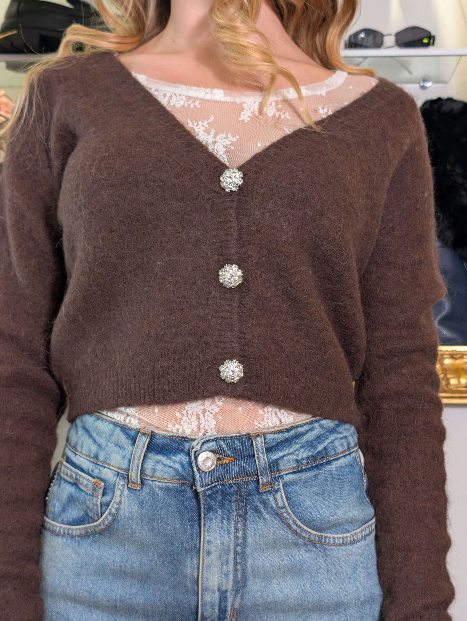 Cardigan cropped in alpaca con bottoni gioiello - SHE_FLORENCE_LAB