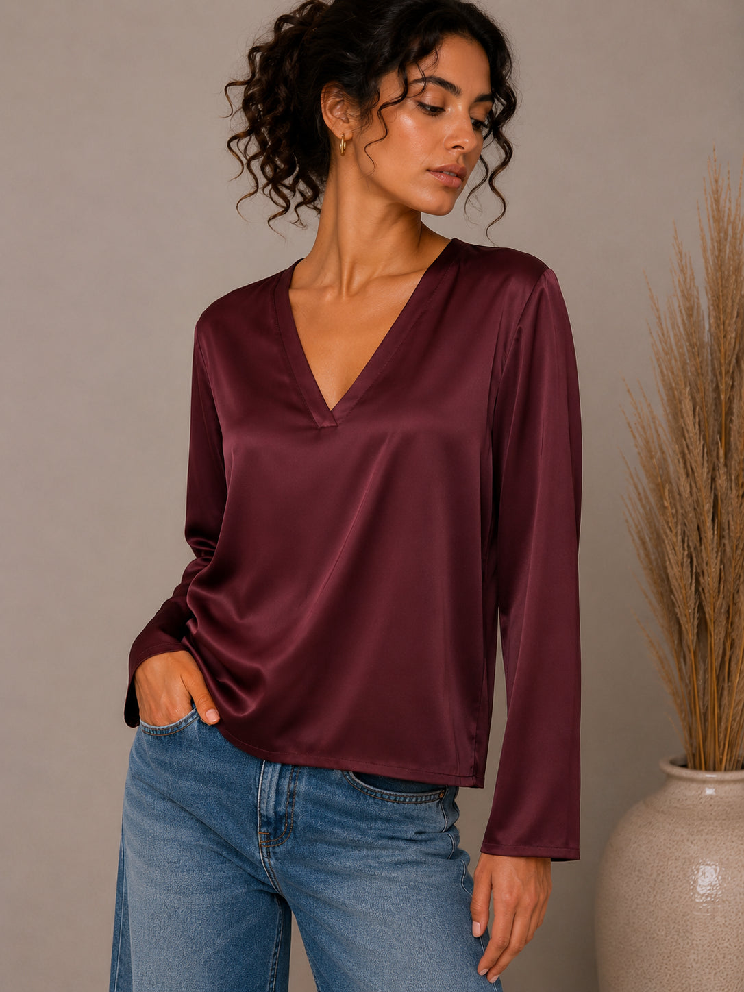 Satin V-Neck Blouse - SHE_FLORENCE_LAB