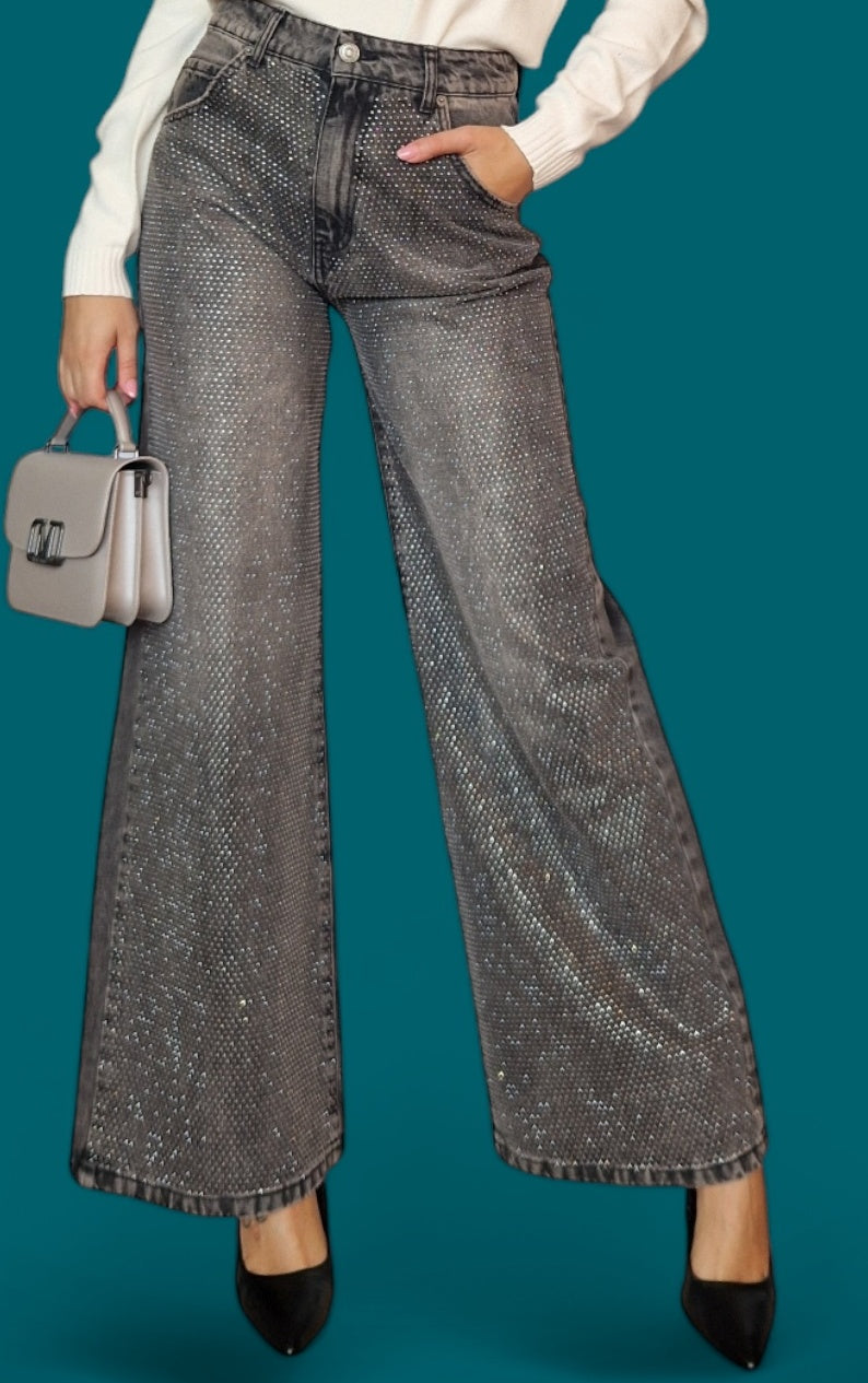 PANTA PALAZZO IN DENIM CON STRASS - VICOLO