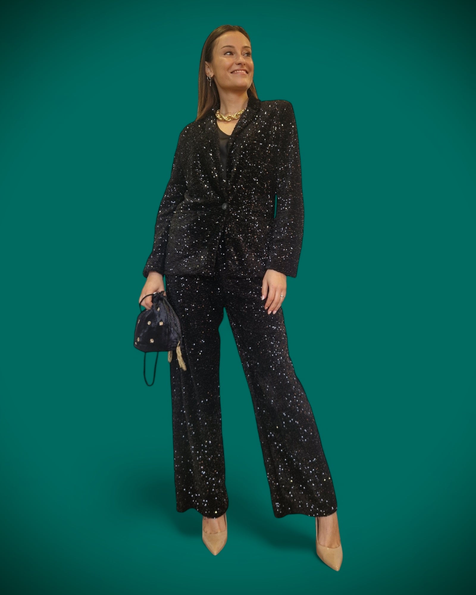 Pantalone in velluto liscio con paillettes nere - SHE_FLORENCE_LAB