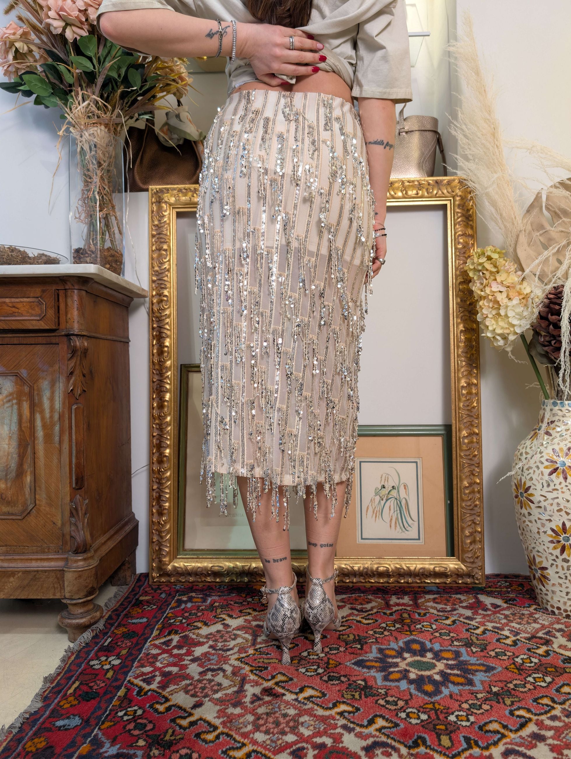 Gonna in tulle ricamato con paillettes e frange - HAVE ONE