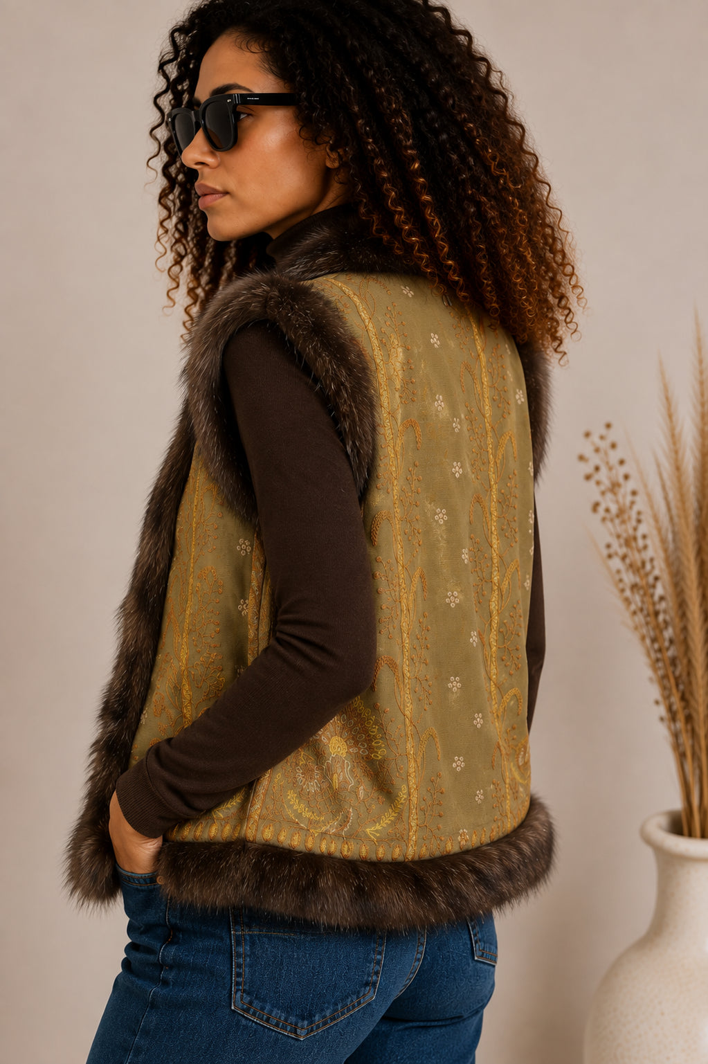 Gilet in Canvas Ricamato con Faux Fur - DIXIE