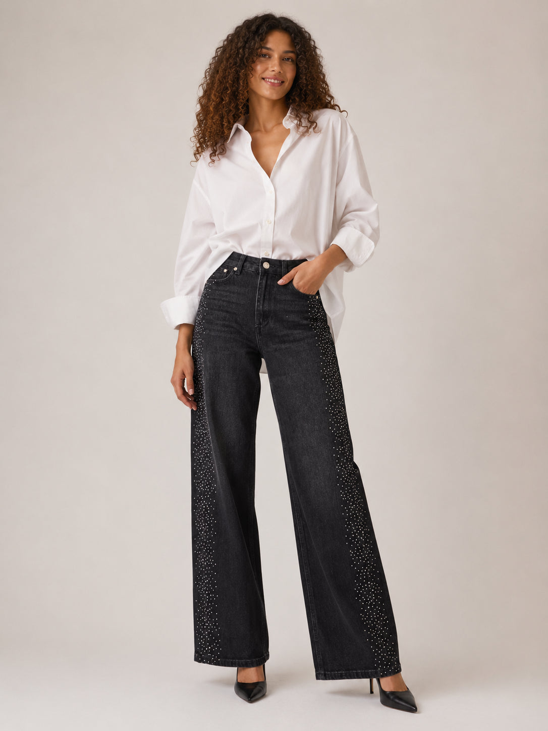 Jeans Wide Leg con Strass Laterali - GL for Her