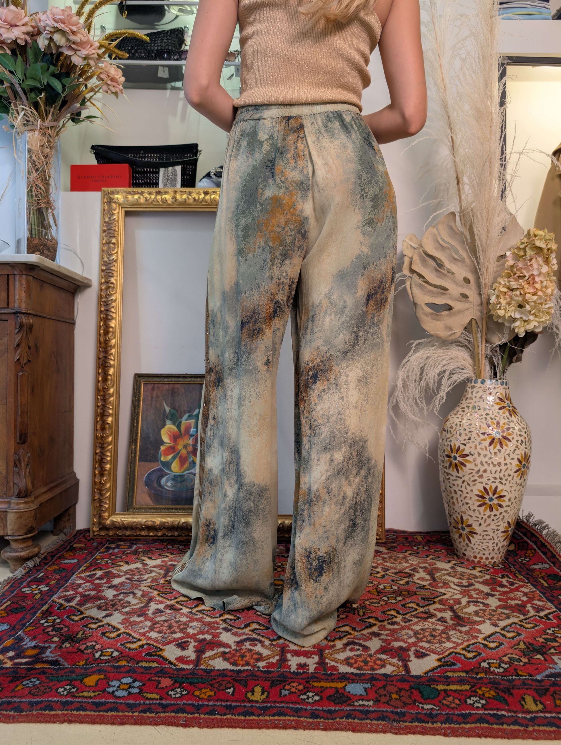 Panta palazzo stampa astratta con ricami manuali in paillettes - DIXIE