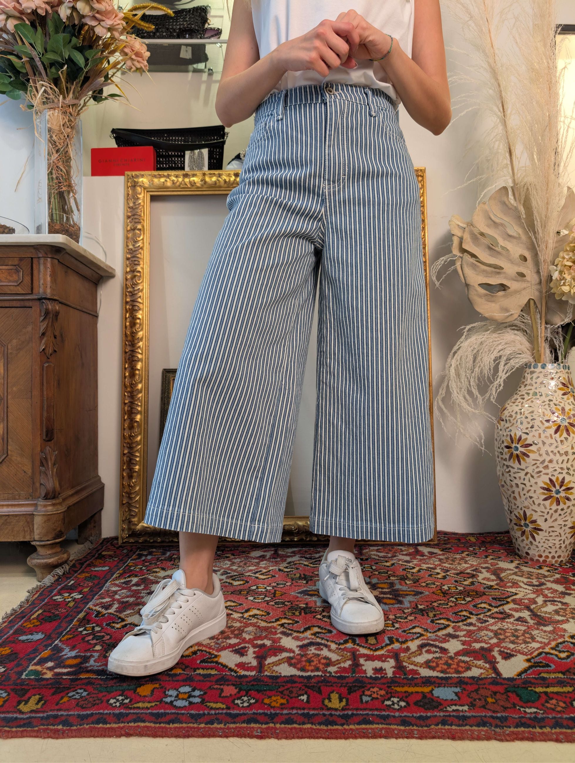 Panta cropped in denim rigato - PLEASE