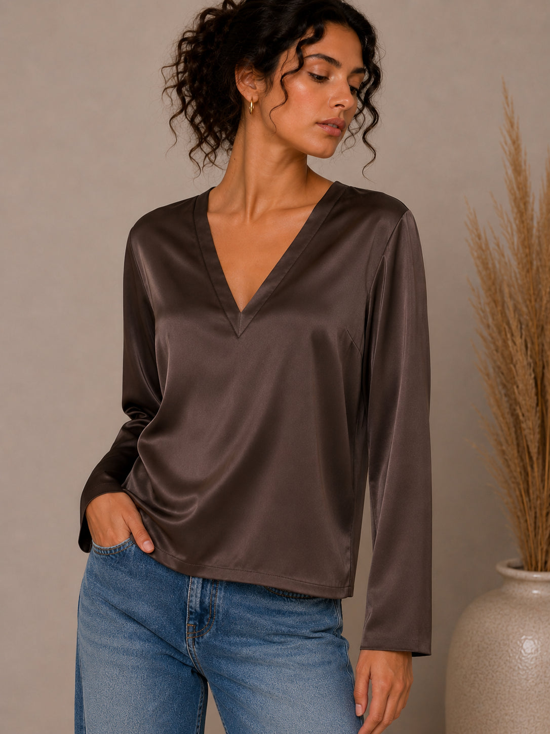 Satin V-Neck Blouse - SHE_FLORENCE_LAB