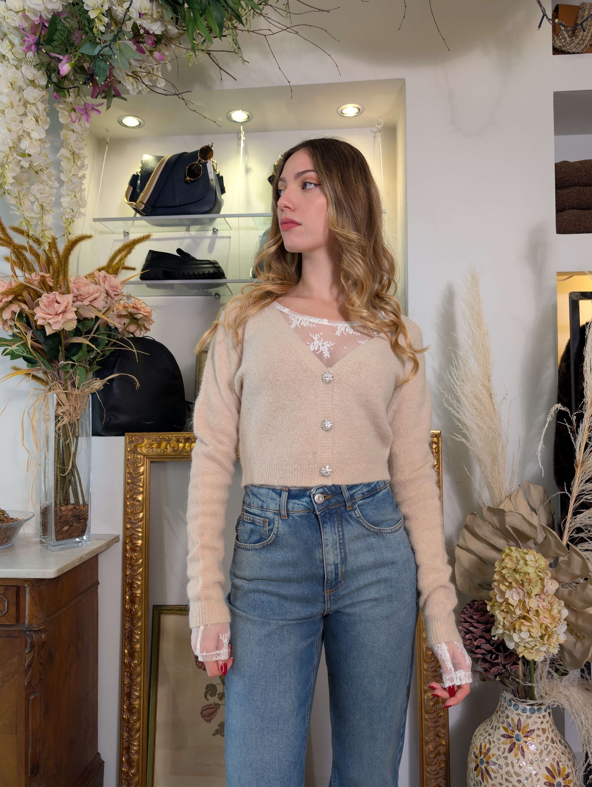 Cardigan cropped in alpaca con bottoni gioiello - SHE_FLORENCE_LAB